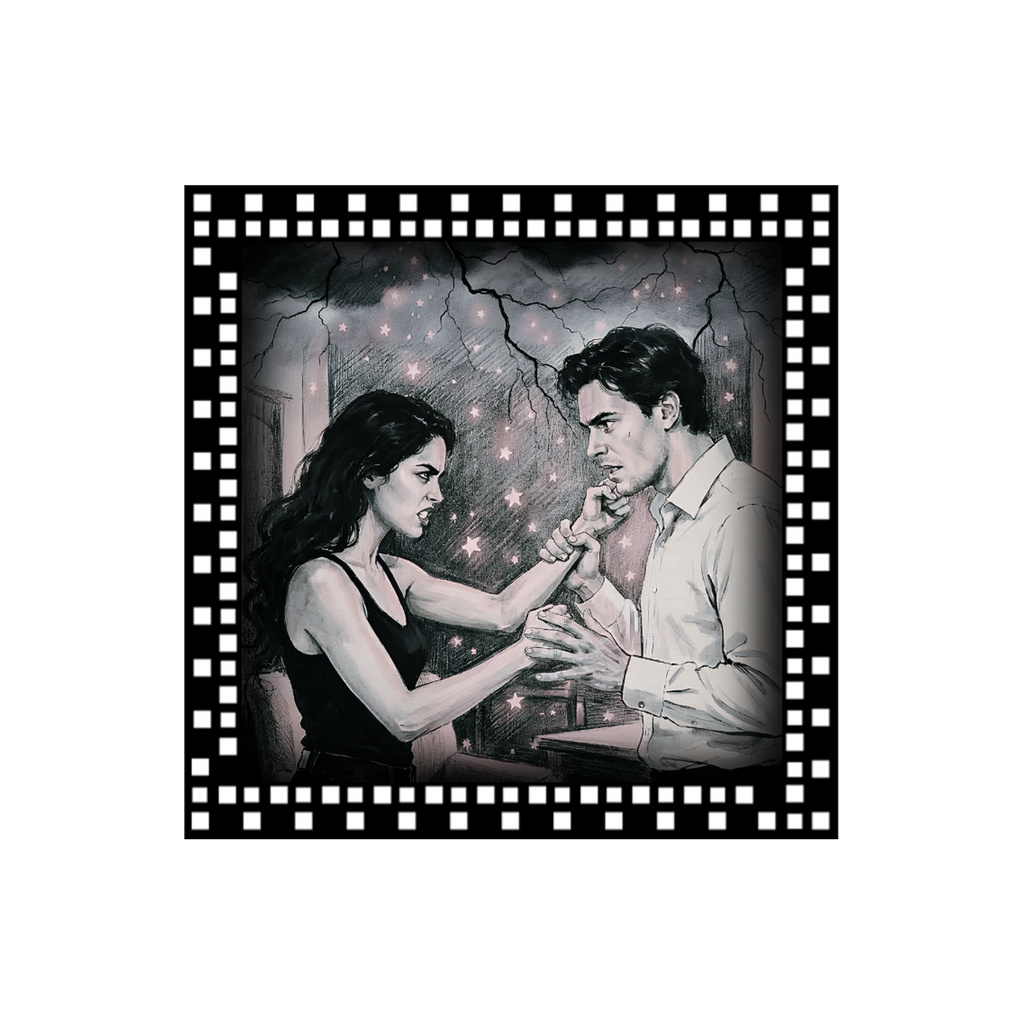 A 3x3 glossy, black‑pink‑white, vinyl sticker of Judith and Nicolas fighting their deathmatch.