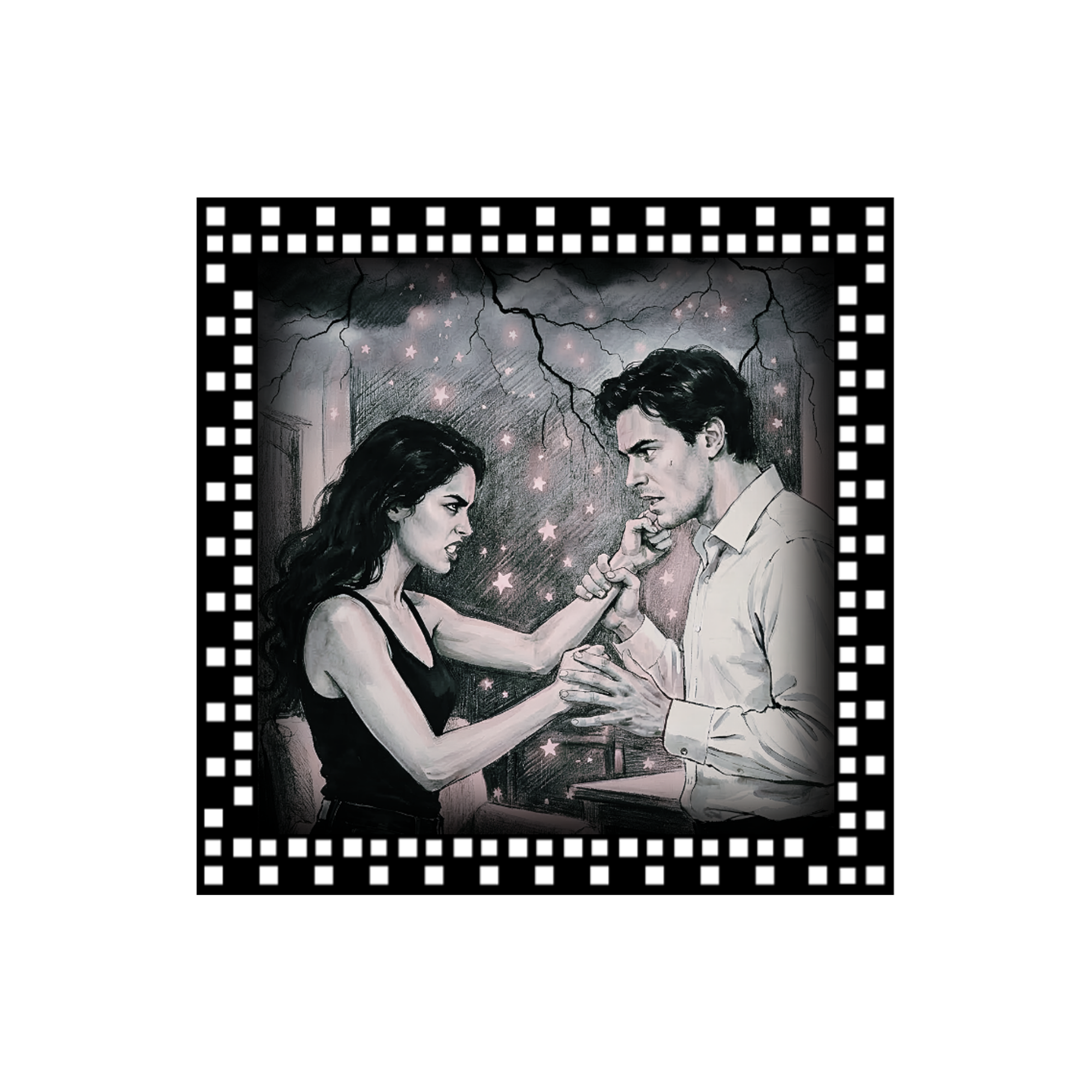 A 3x3 glossy, black‑pink‑white, vinyl sticker of Judith and Nicolas fighting their deathmatch.