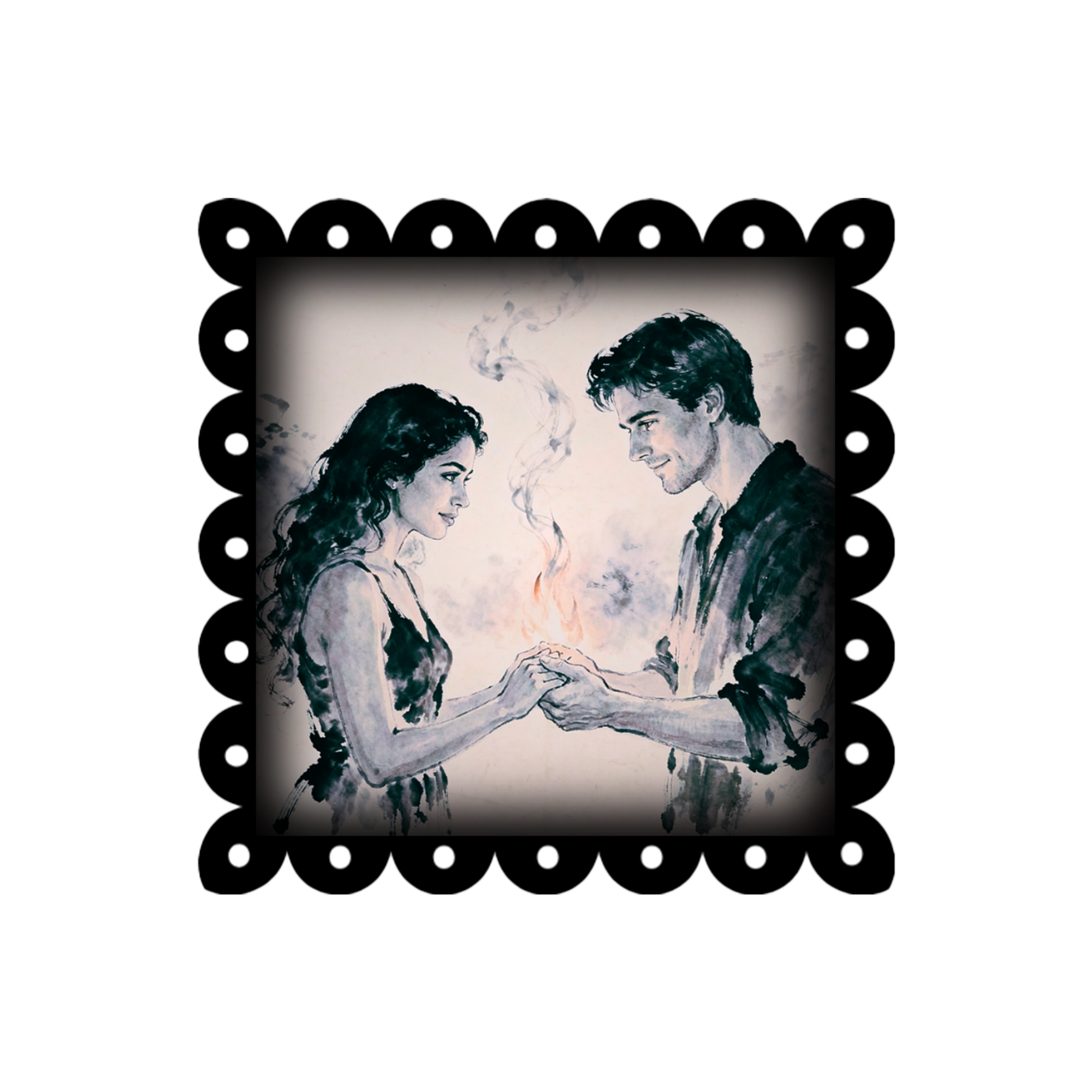 A 3x3 glossy, black‑pink‑white, vinyl sticker of Judith and Nicholas holding a flame.