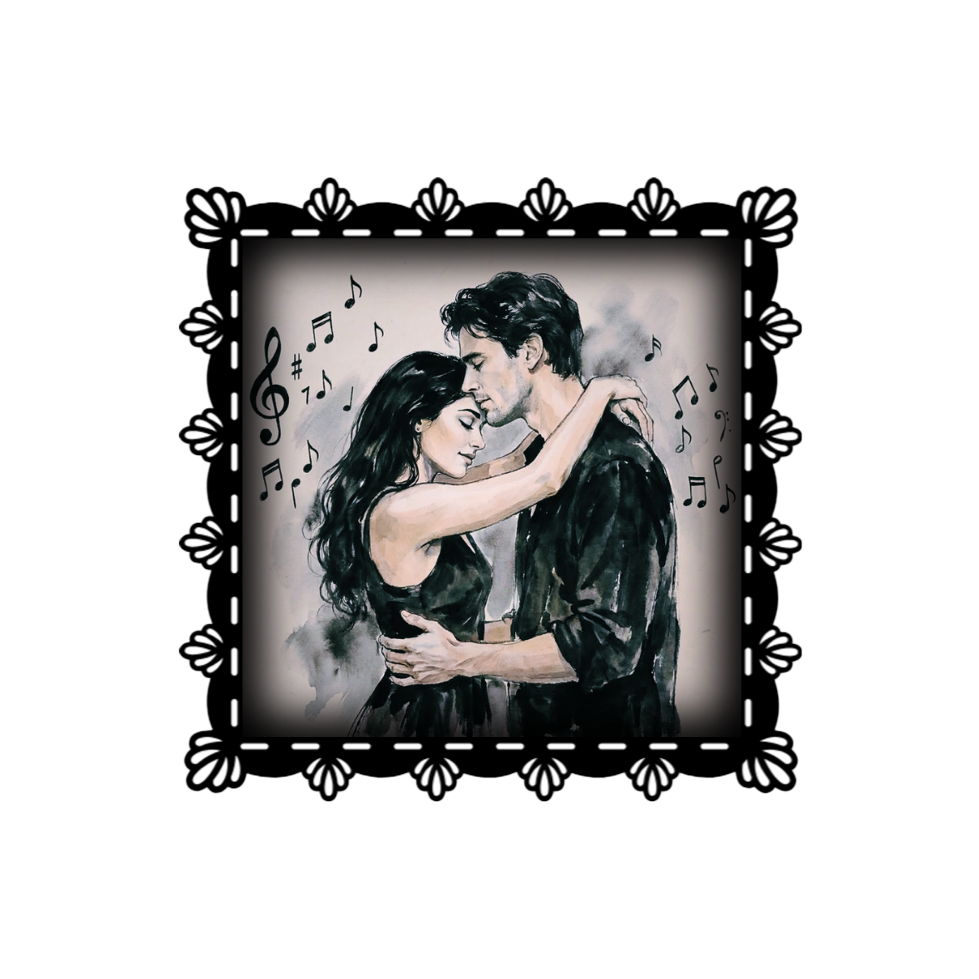 A 3x3 glossy, black‑pink‑white, vinyl sticker of Judith and Nicolas dancing with music notes swirling around them.