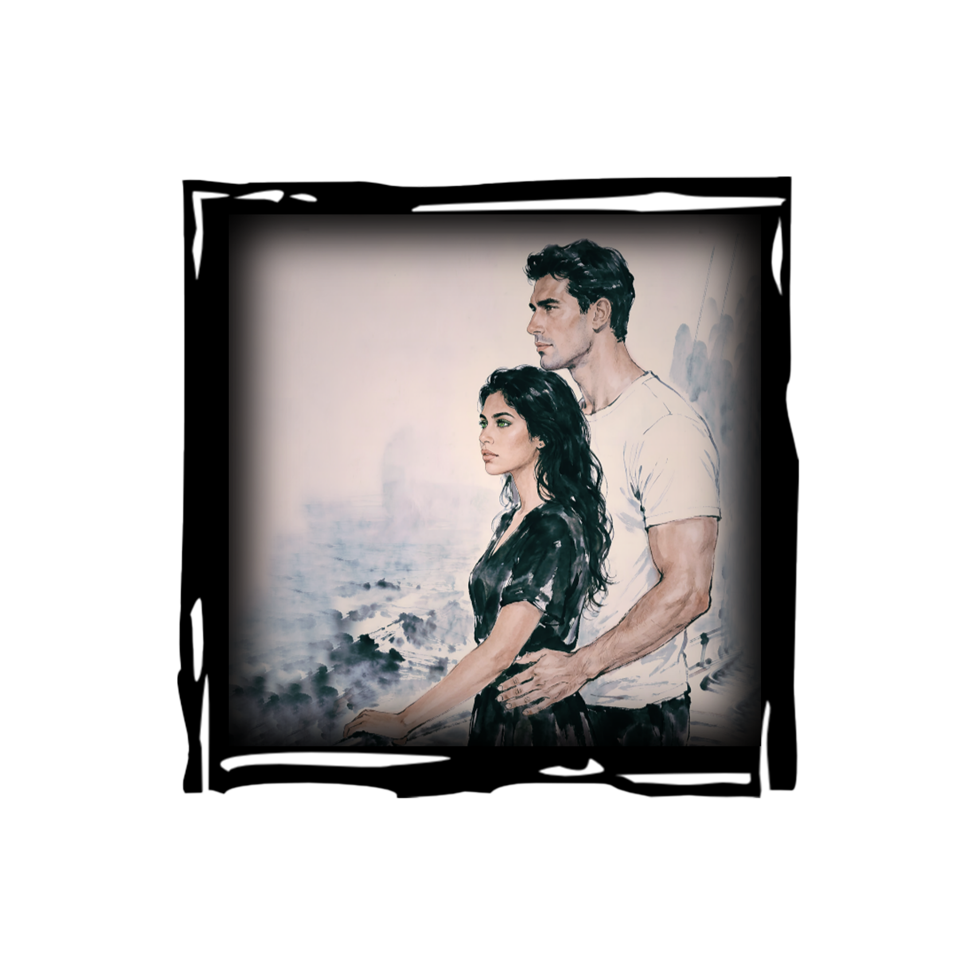 A 3x3 glossy, black‑pink‑white, vinyl sticker of Judith held by Justin, staring at the ocean.