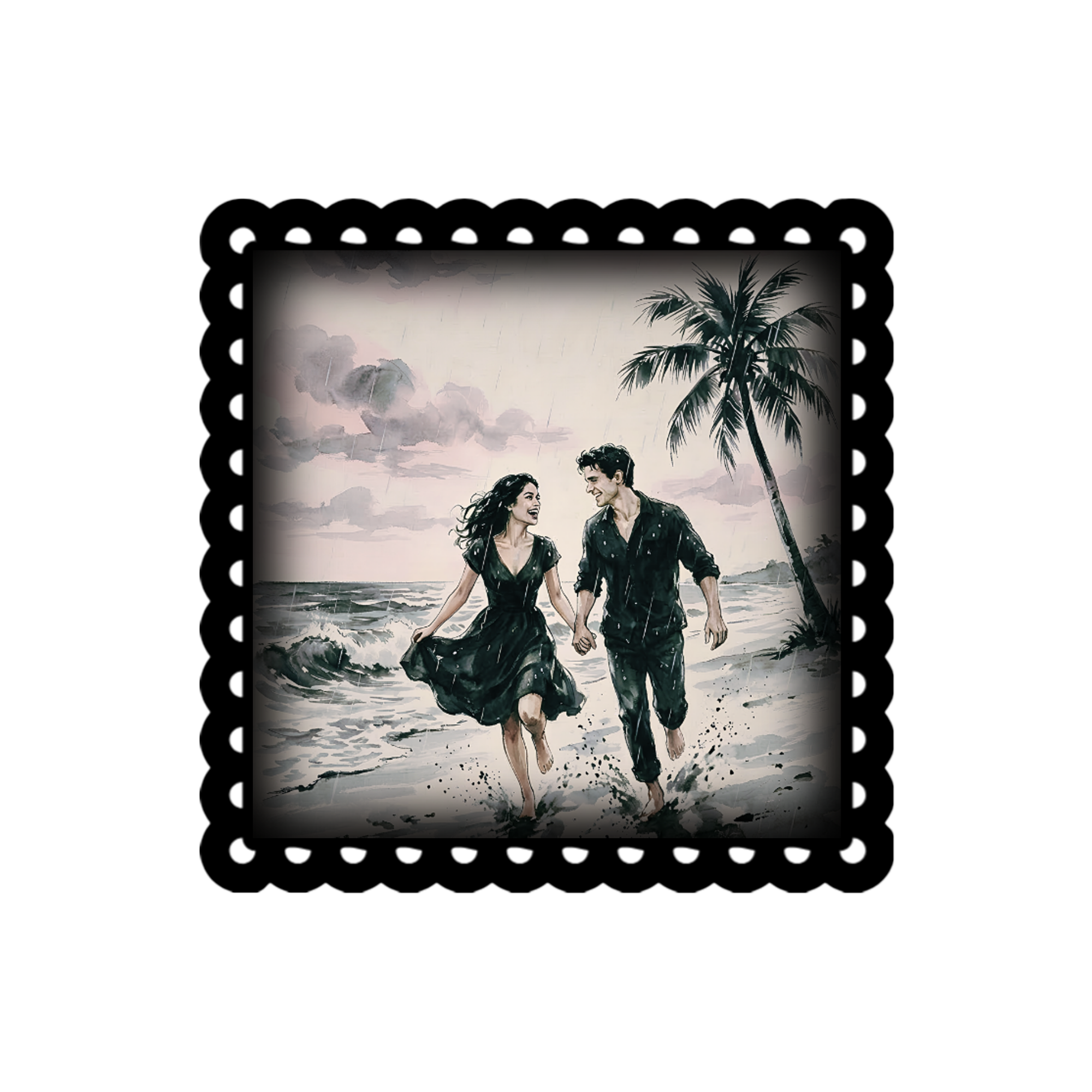 A 3x3 glossy, black‑pink‑white, vinyl sticker of Judith and Nicolas running in the rain by the ocean, holding hands.