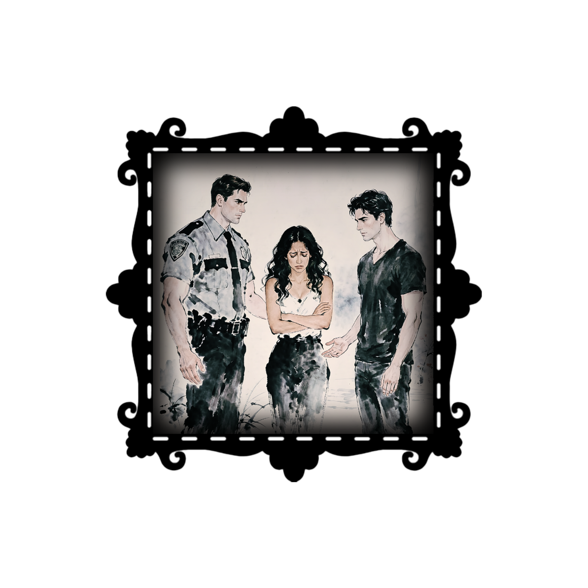 A 3x3 glossy, black‑pink‑white, vinyl sticker of Judith standing between Justin and Nicolas both of them reaching for her, as she bows her head in misery.