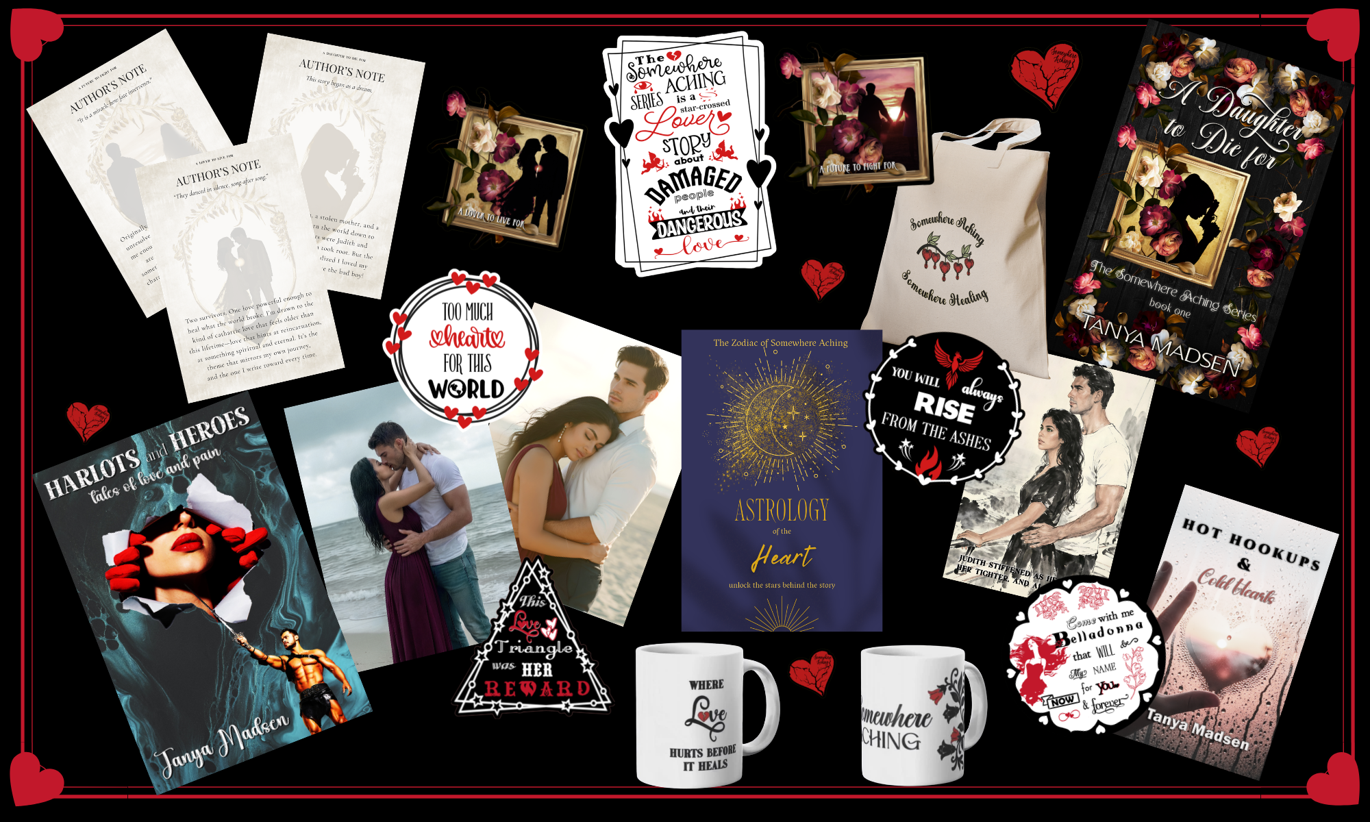 Collection of books, mugs, and other merchandise with romantic and fantasy themes on a black background.
