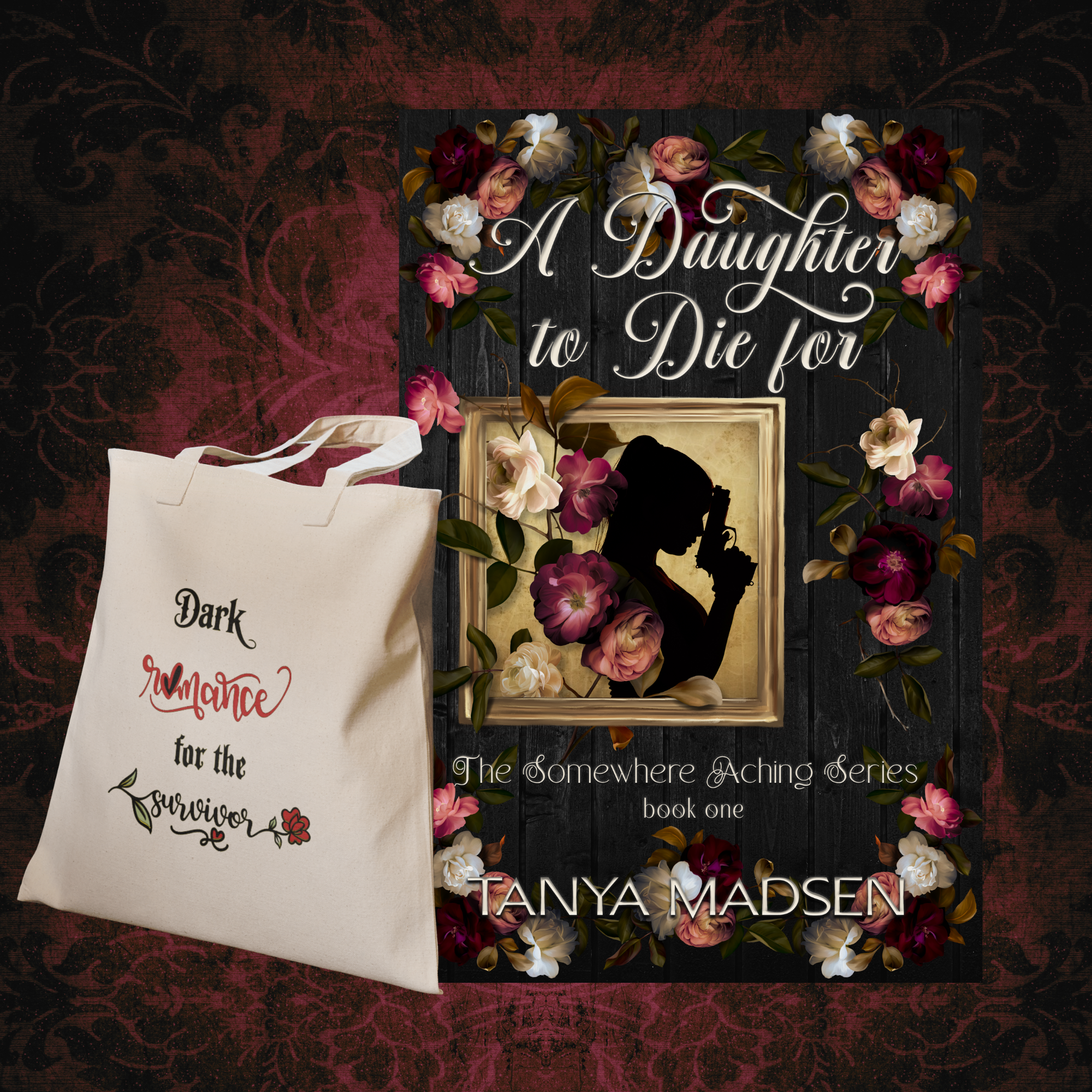 Book cover of 'A Daughter to Die For' by Tanya Madsen with a tote bag featuring floral design.