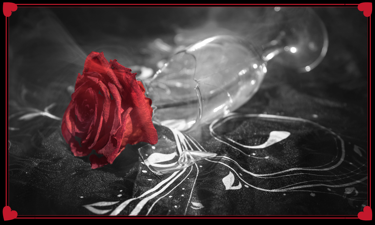 Red rose on a black and white abstract background with a decorative red border.