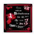 A 3x3 glossy vinyl black square sticker features the “Belladonna” quote from book one in a black‑white‑red design.