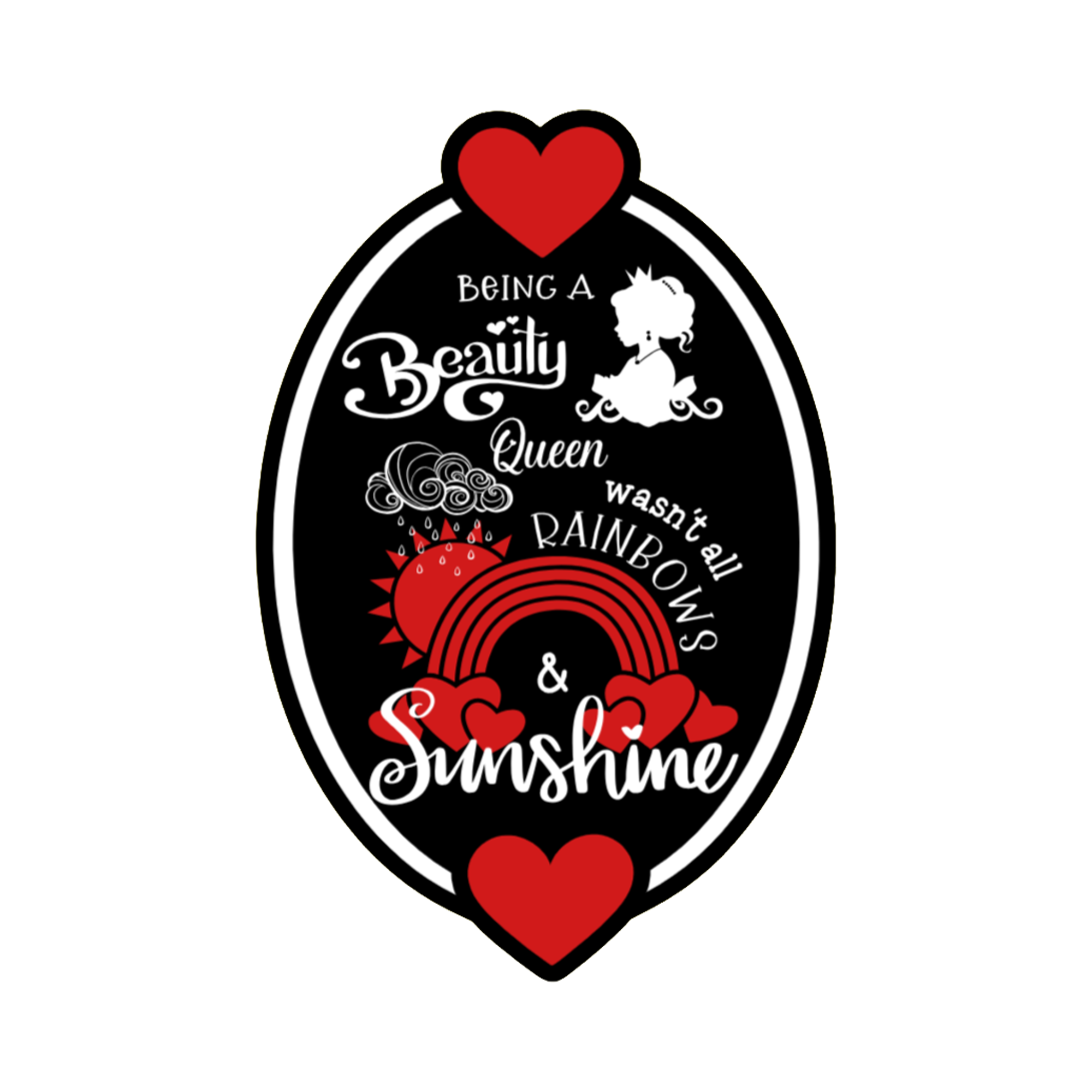 A 2x3 glossy, holographic, black oval sticker features the “Beauty” quote from book one in a black‑white‑red design.