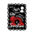 A 2x3 glossy, holographic, black rectangle sticker features “Beauty” quote from book one in a black‑white‑red design.