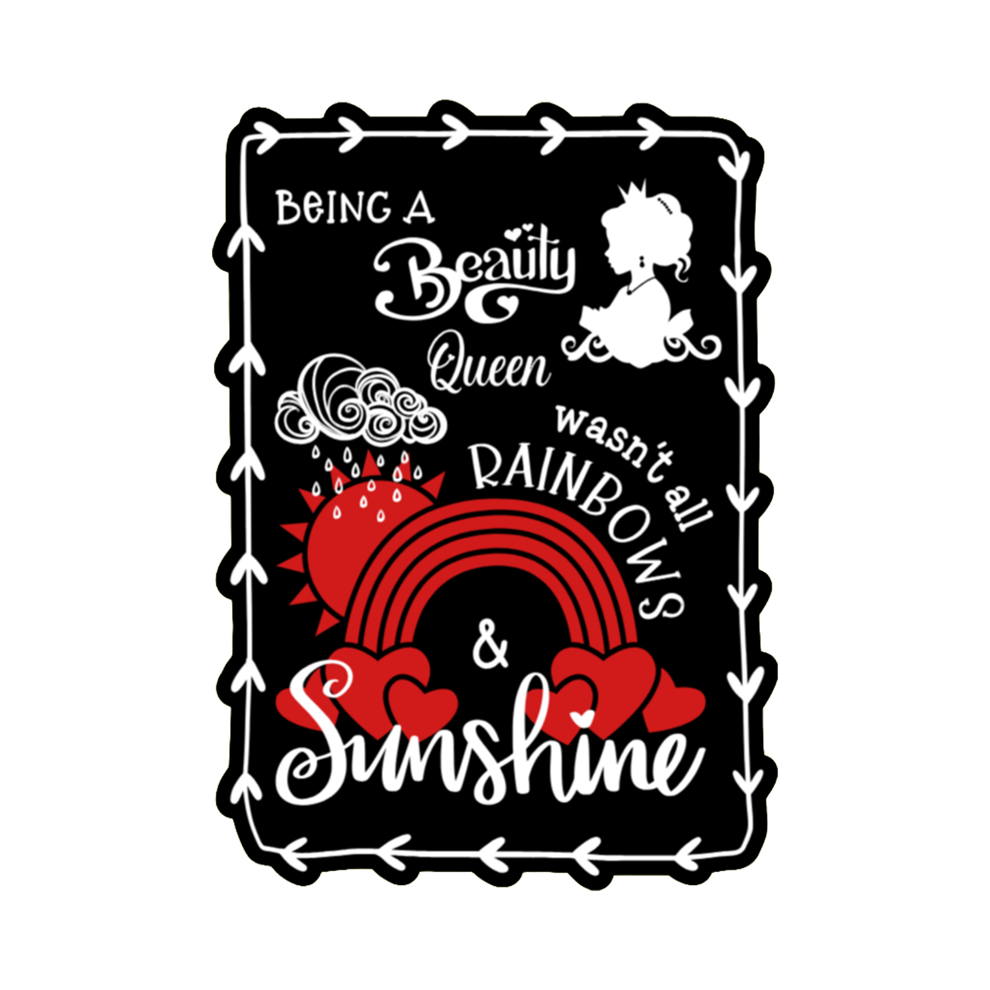 A 2x3 glossy, holographic, black rectangle sticker features “Beauty” quote from book one in a black‑white‑red design.