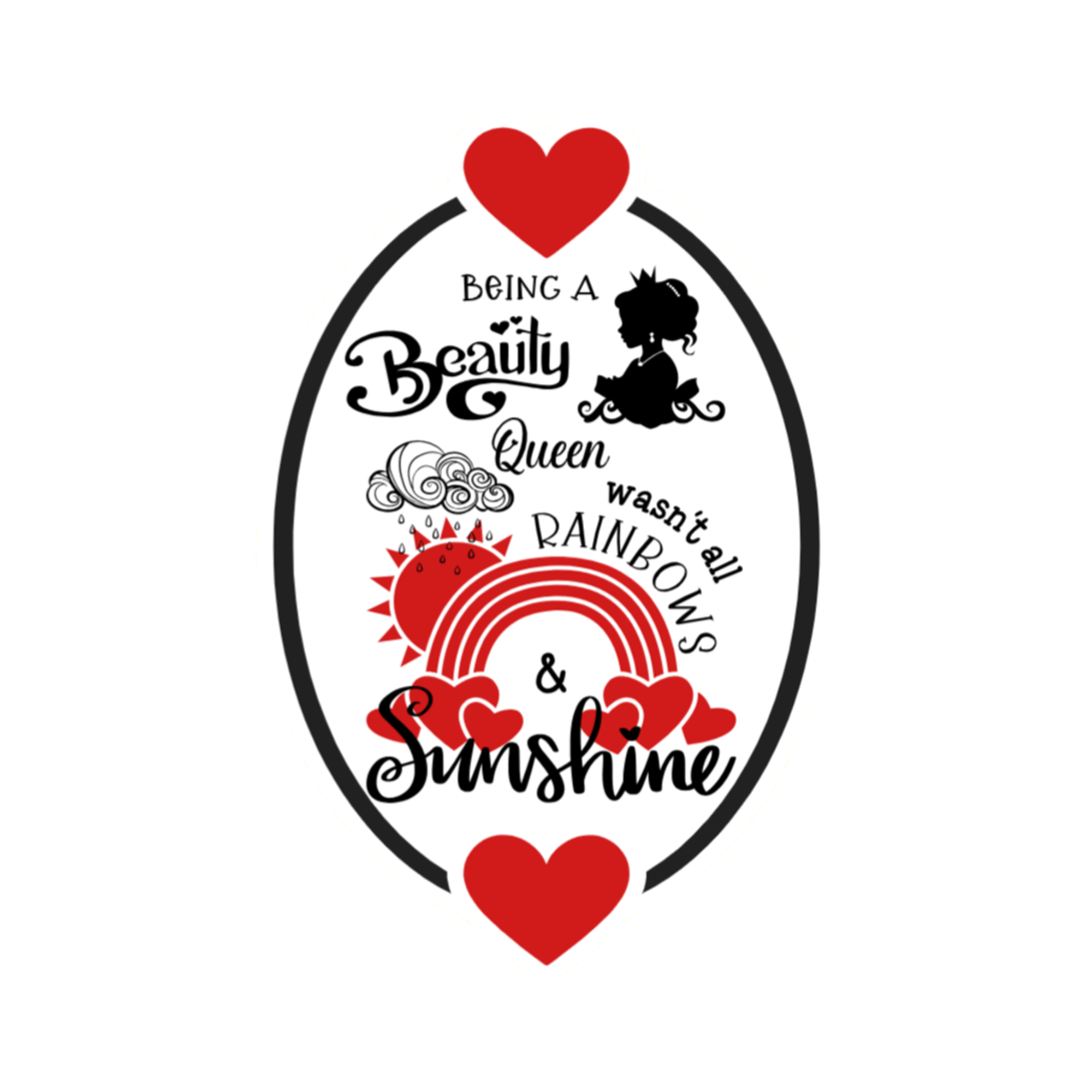 A 2x3 glossy, holographic, white oval sticker features the “Beauty” quote from book one in a black‑white‑red design.