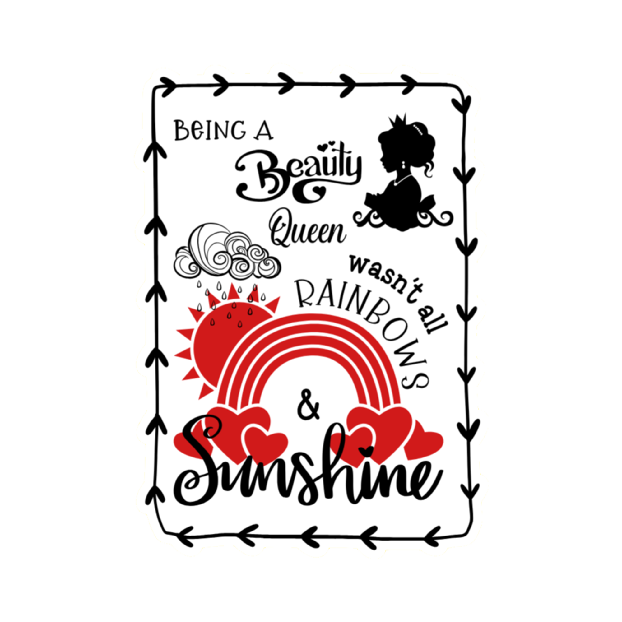A 2x3 glossy, holographic, white rectangle sticker features “Beauty” quote from book one in a black‑white‑red design.