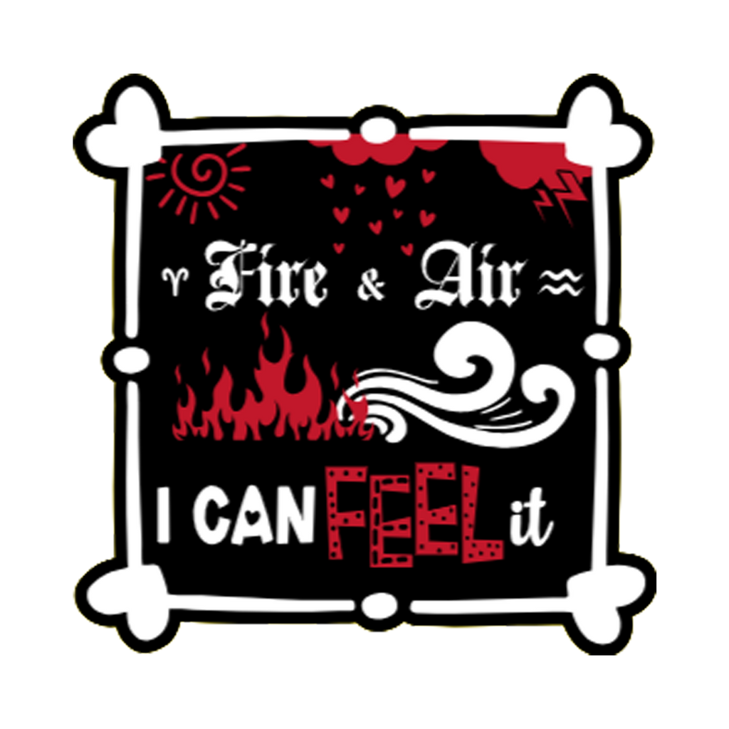 A 3x3 glossy, vinyl white square sticker features the “Fire and Air” quote from book one in a black‑white‑red design.