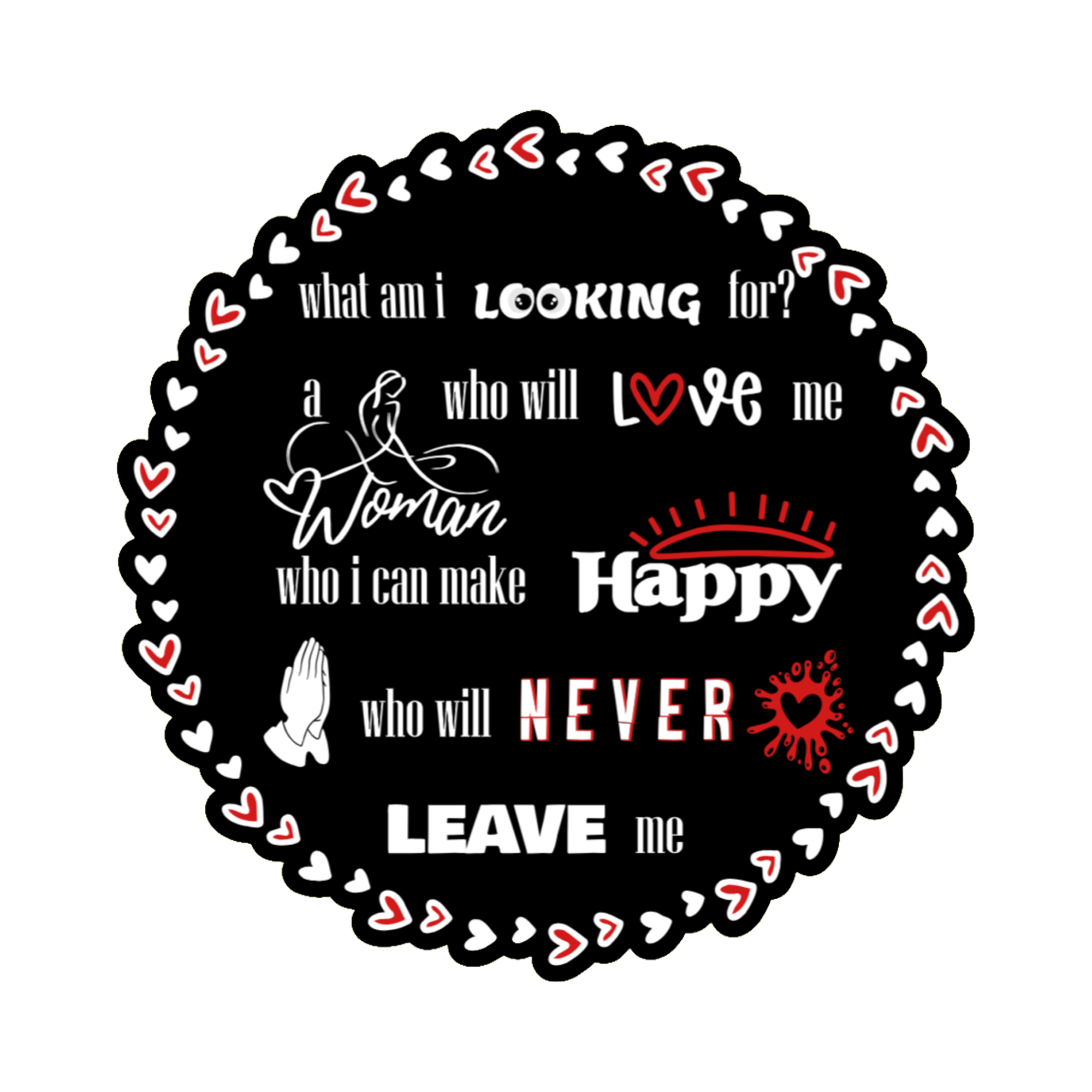 A 3x3 glossy, holographic, black circle sticker features the “Looking” quote from book one in a black‑white‑red design.