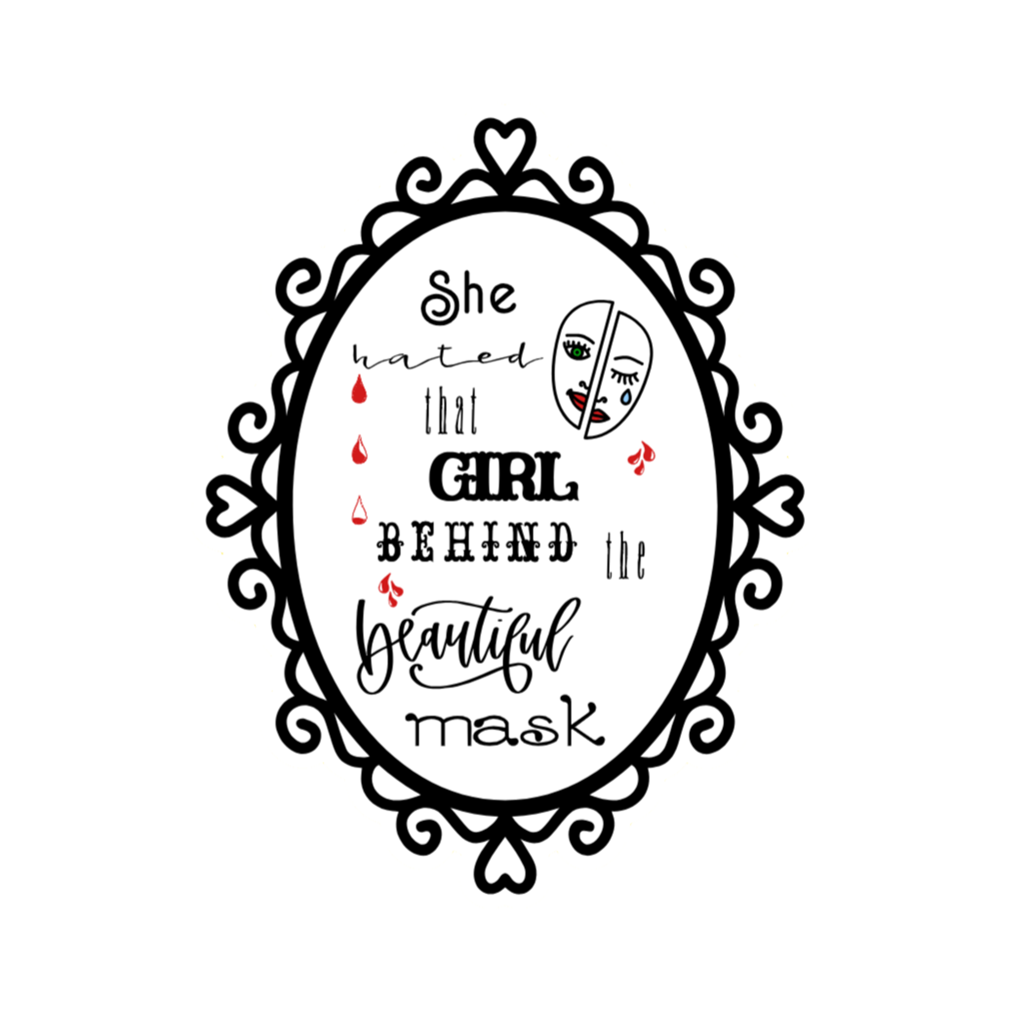A 2x3 glossy, holographic, white oval sticker features the “Mask” quote from book one in a black‑white‑red design.