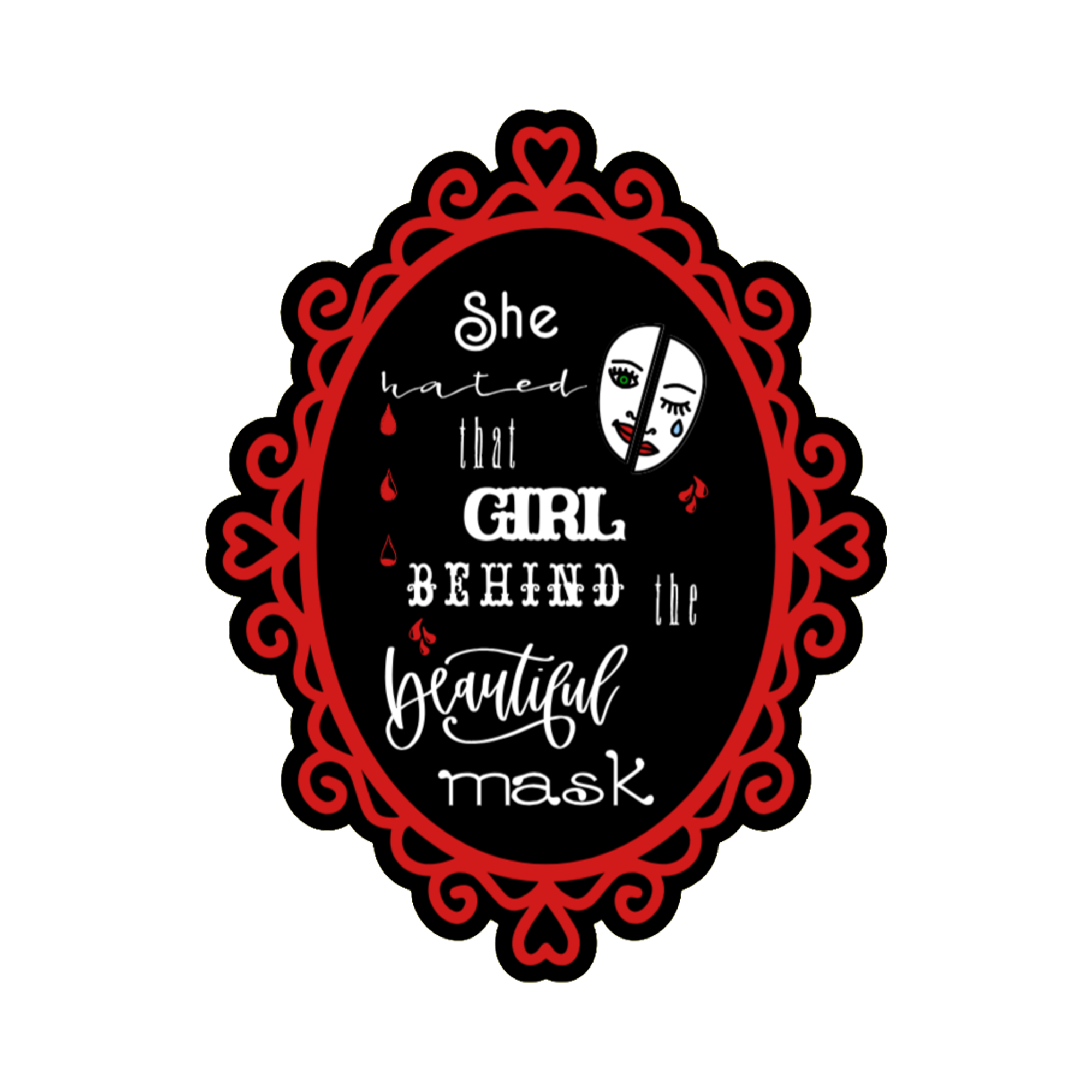A 2x3 glossy, holographic, black oval sticker features the “Mask” quote from book one in a black‑white‑red design.