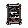 A 2x3 glossy, holographic, black rectangle sticker features the “Paradise” quote from book one in a black‑white‑red design.