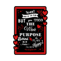 A 2x3 glossy, holographic, black rectangle sticker features the “Purpose” quote from book one in a black‑white‑red design.