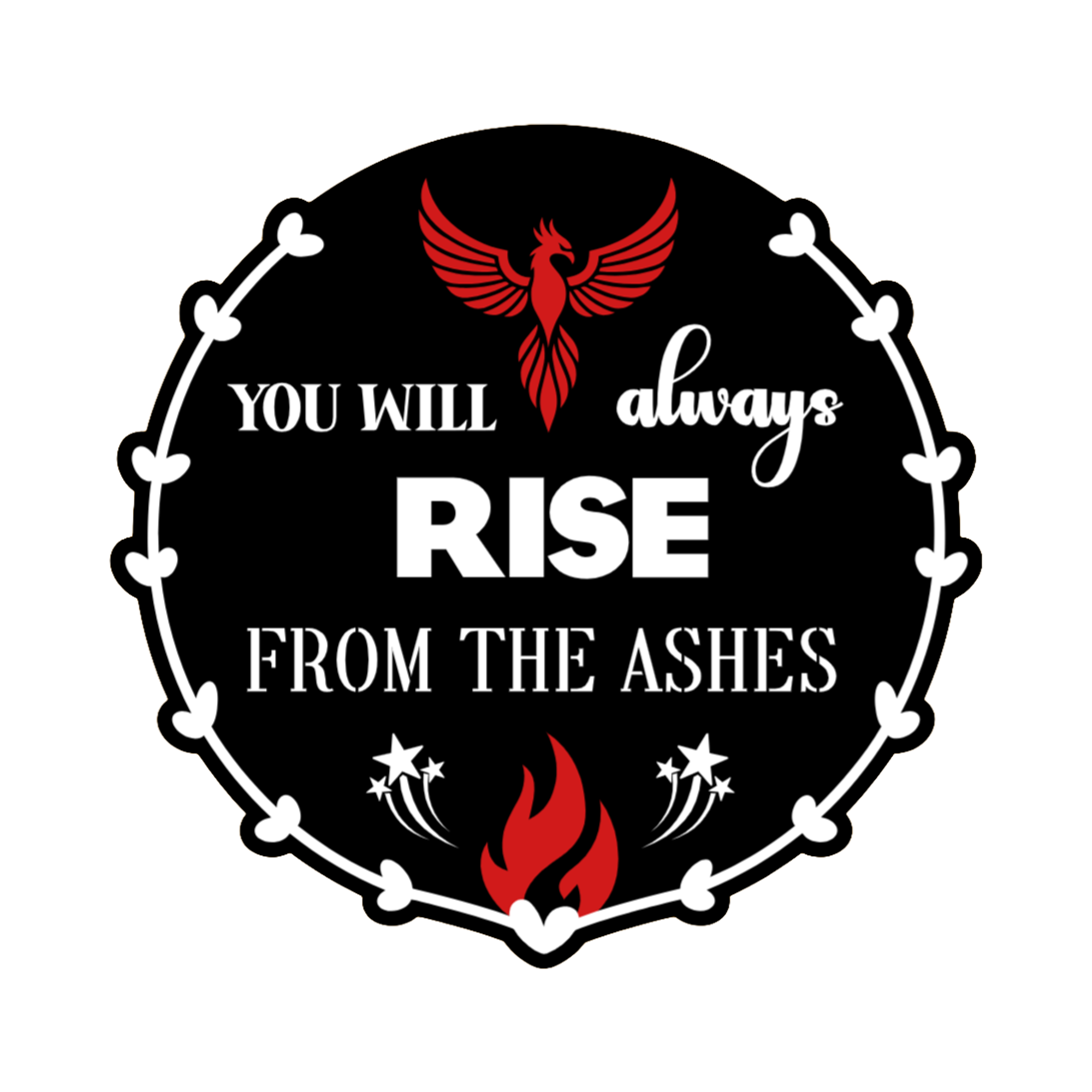 A 3x3 glossy, holographic, black circle sticker features the “Ashes” quote from book three in a black‑white‑red design.