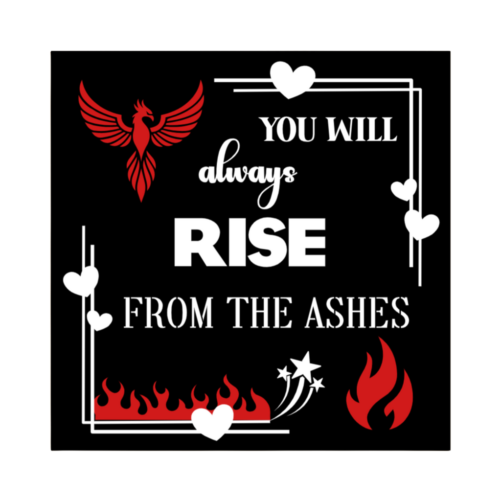 A 3x3 glossy, holographic, black square sticker features the “Ashes” quote from book three in a black‑white‑red design.