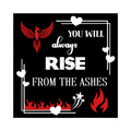A 3x3 glossy, holographic, black square sticker features the “Ashes” quote from book three in a black‑white‑red design.