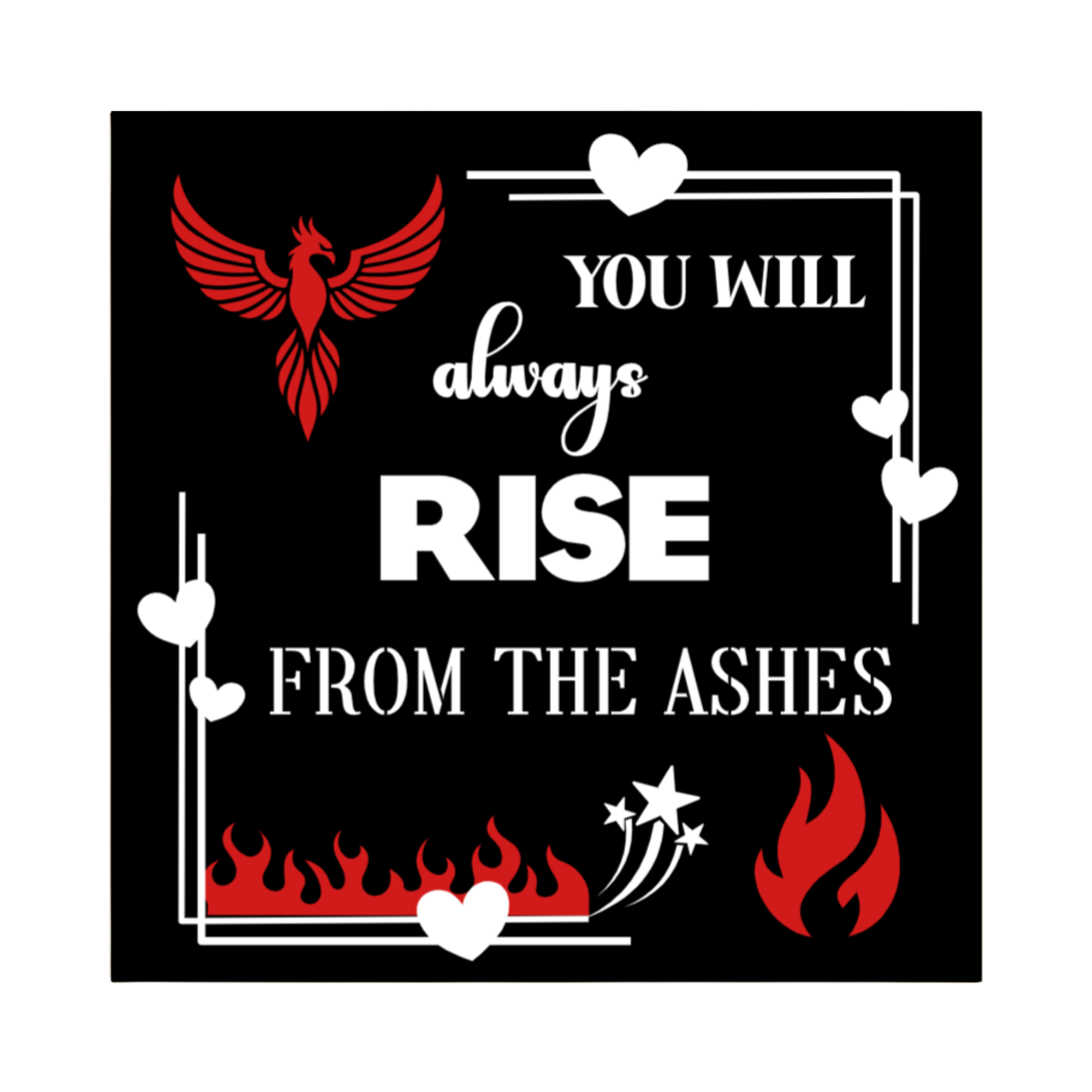 A 3x3 glossy, holographic, black square sticker features the “Ashes” quote from book three in a black‑white‑red design.