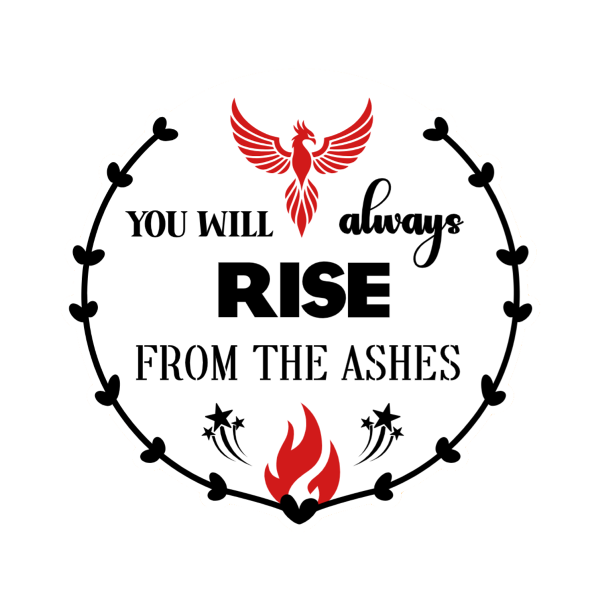 A 3x3 glossy, holographic, white circle sticker features the “Ashes” quote from book three in a black‑white‑red design.