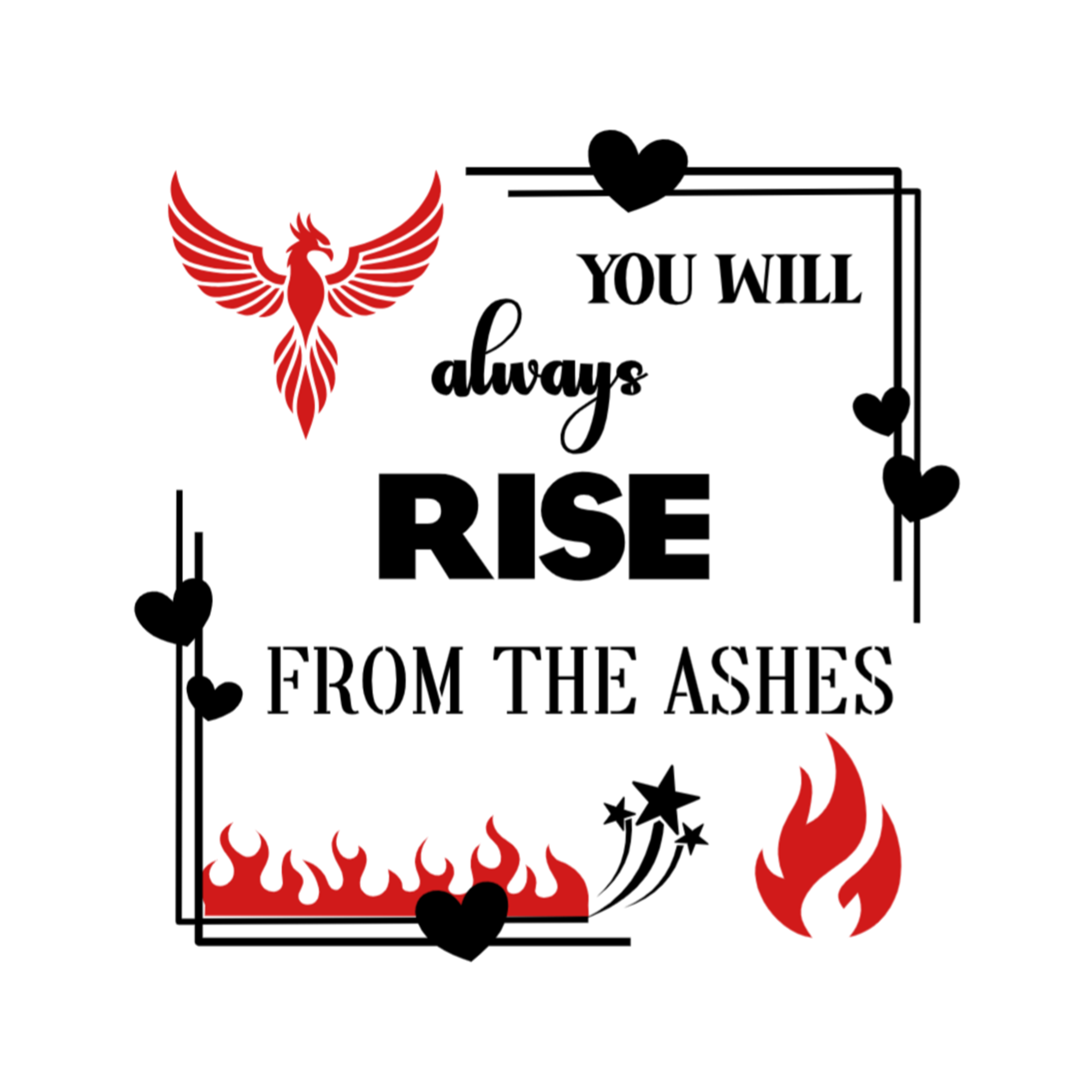 A 3x3 glossy, holographic, white square sticker features the “Ashes” quote from book three in a black‑white‑red design.