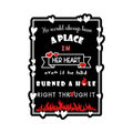 A 2x3 glossy, holographic, black rectangle sticker features the “Burned” quote from book three in a black‑white‑red design.