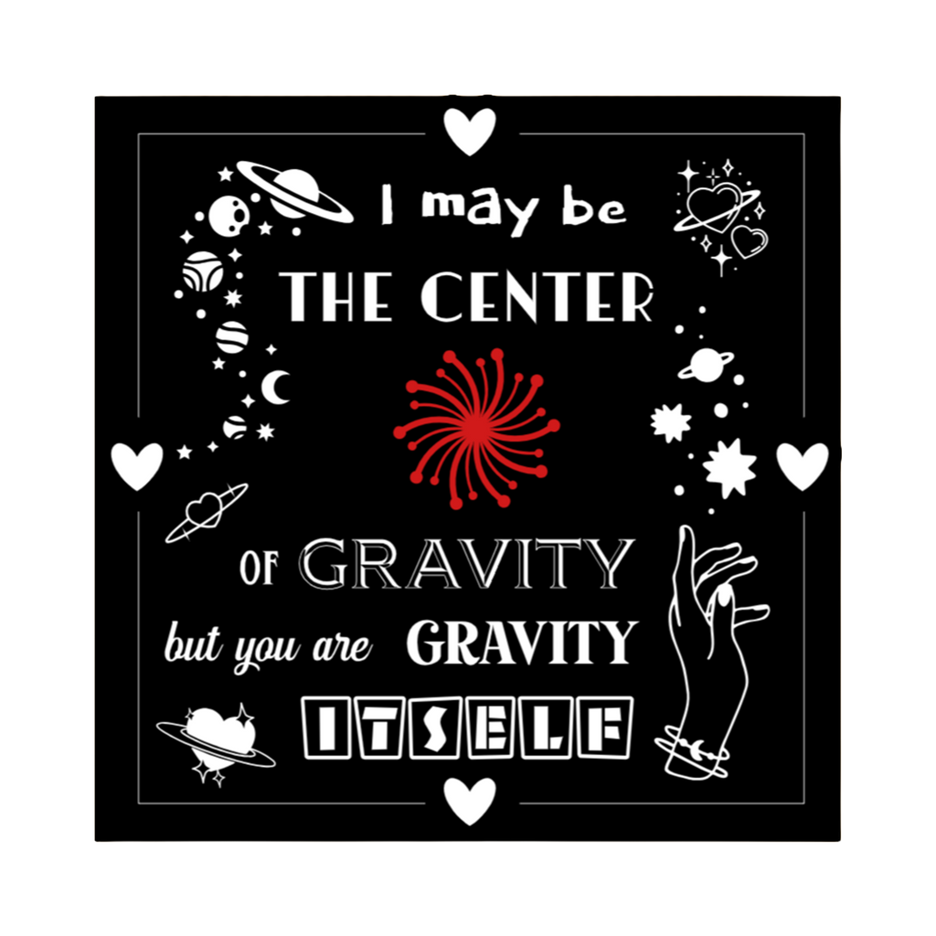 A 3x3 glossy, holographic, black square sticker features the “Gravity” quote from book three in a black‑white‑red design.