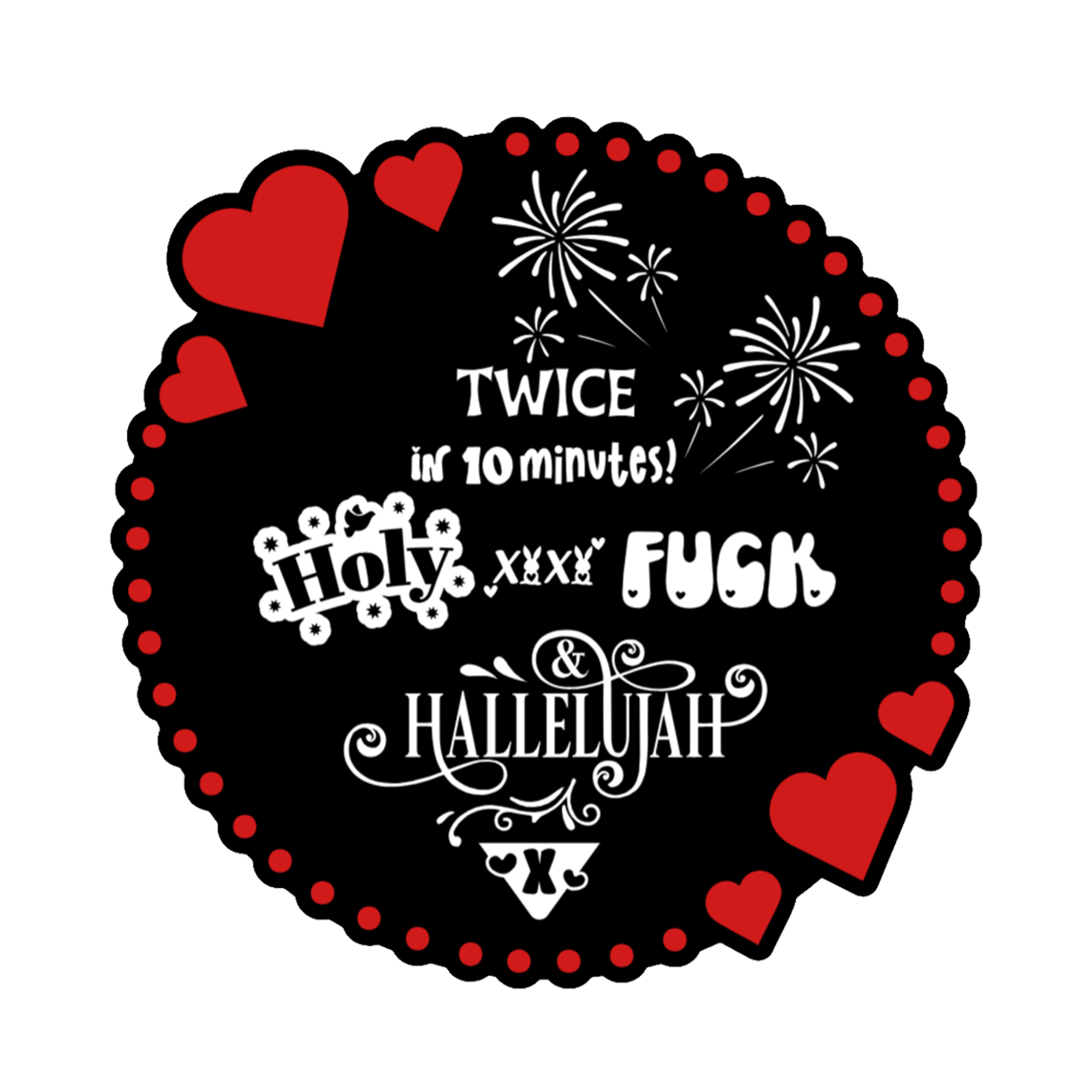 A 3x3 glossy, holographic, black circle sticker features the “Hallelujah” quote from book three in a black‑white‑red design.