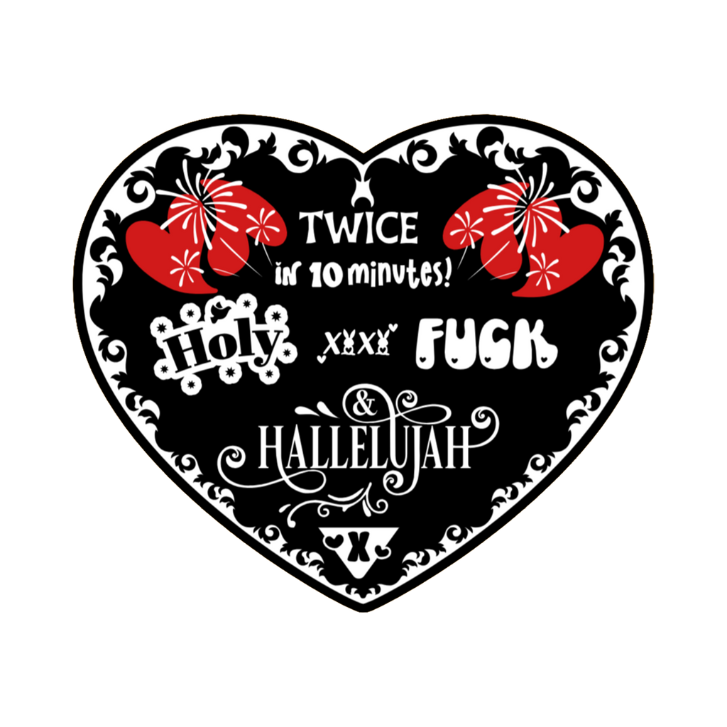 A 3x3 glossy, holographic, black heart sticker features the “Hallelujah” quote from book three in a black‑white‑red design.