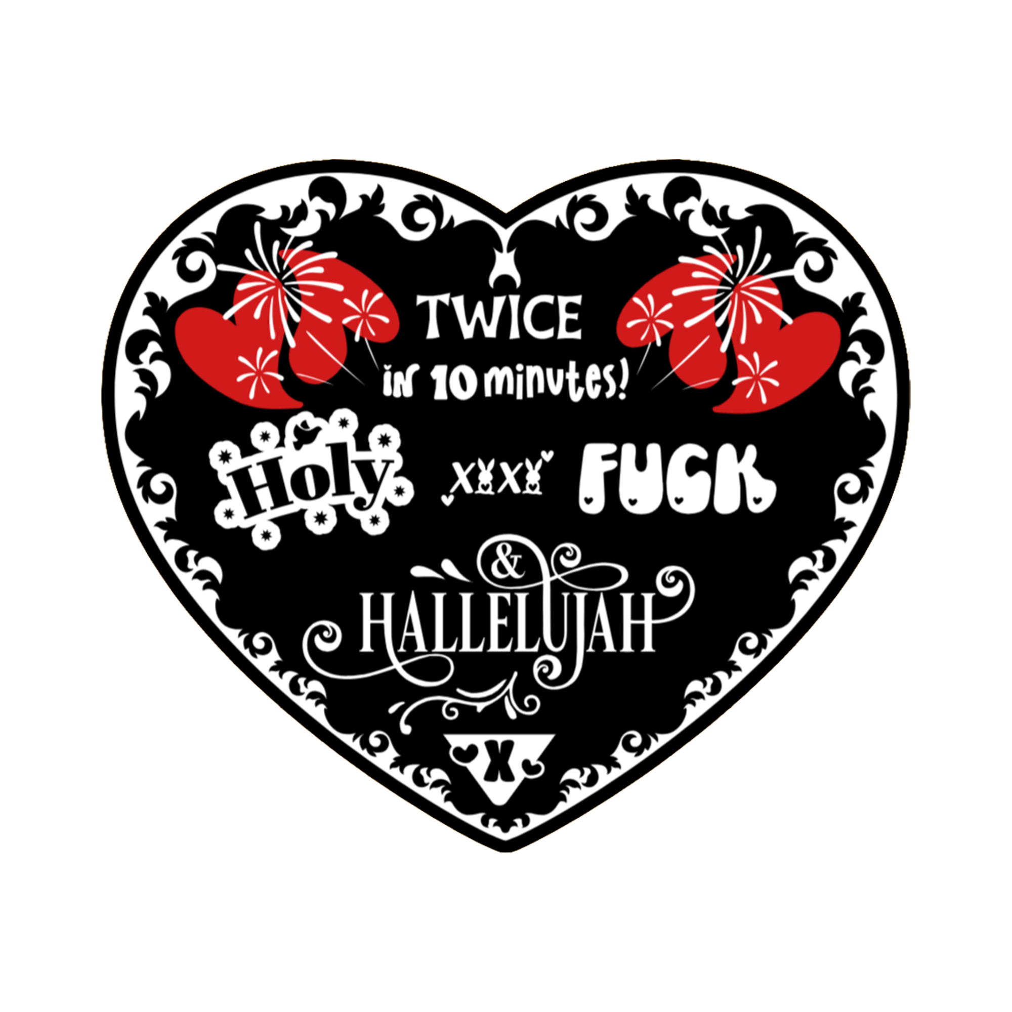 A 3x3 glossy, holographic, black heart sticker features the “Hallelujah” quote from book three in a black‑white‑red design.