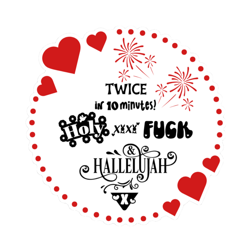 A 3x3 glossy, holographic, white circle sticker features the “Hallelujah” quote from book three in a black‑white‑red design.