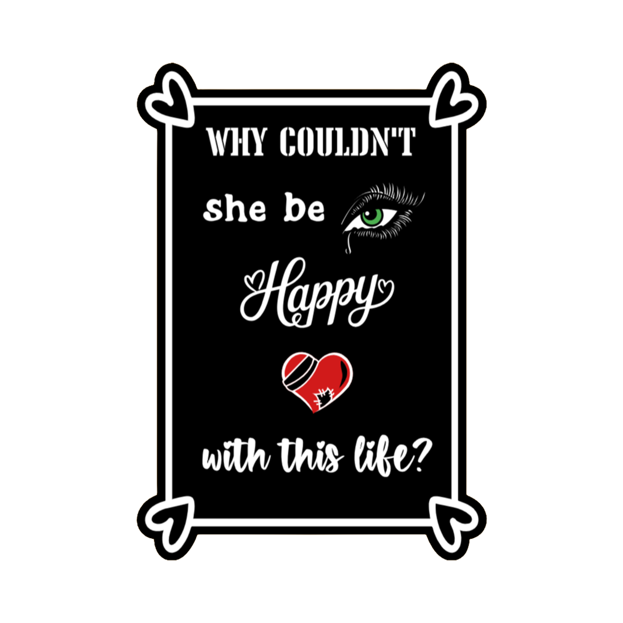 A 2x3 glossy, holographic, black rectangle sticker features the “Happy” quote from book three in a black‑white‑red design.