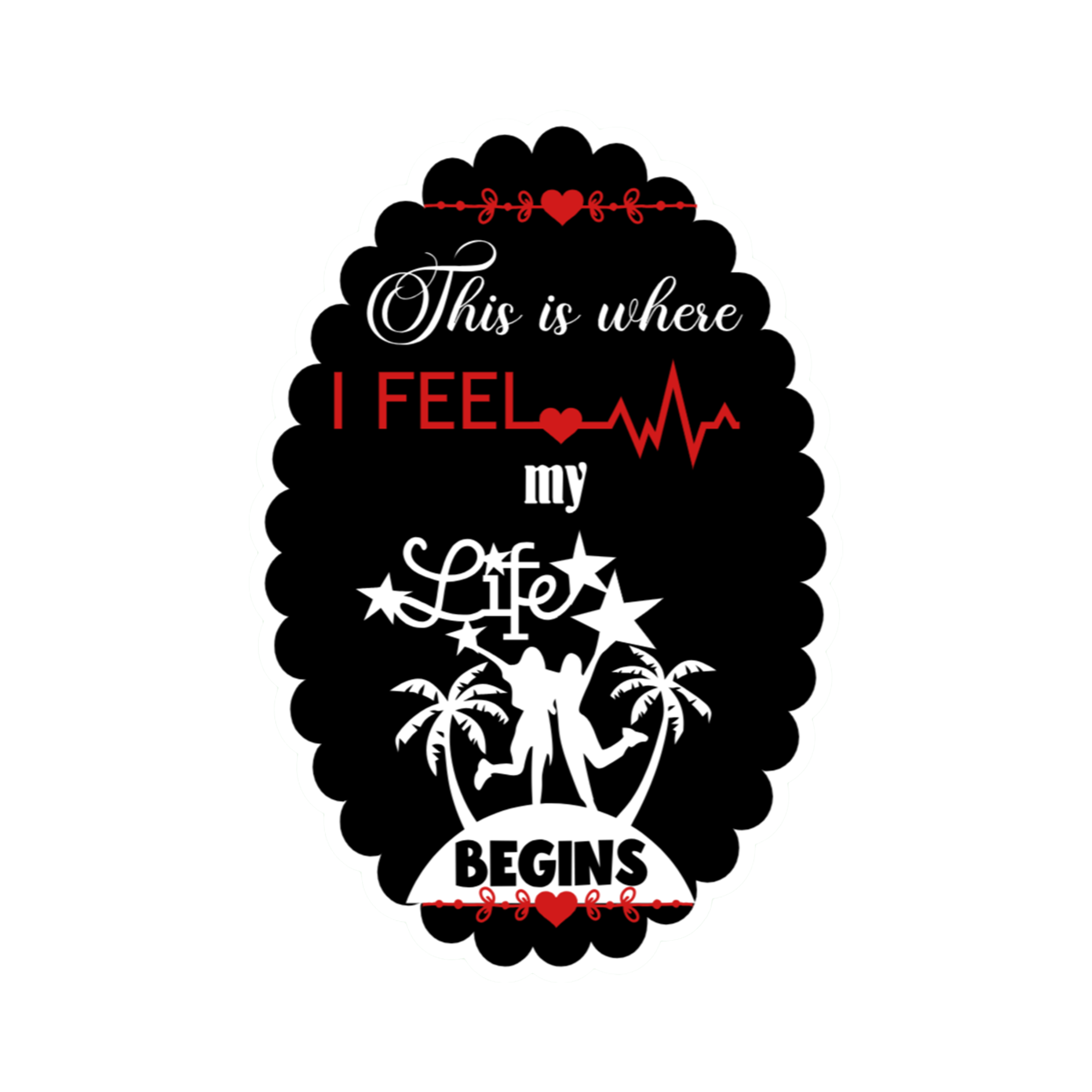 A 2x3 glossy, holographic, black oval sticker features the “Begins” quote from book two in a black‑white‑red design.