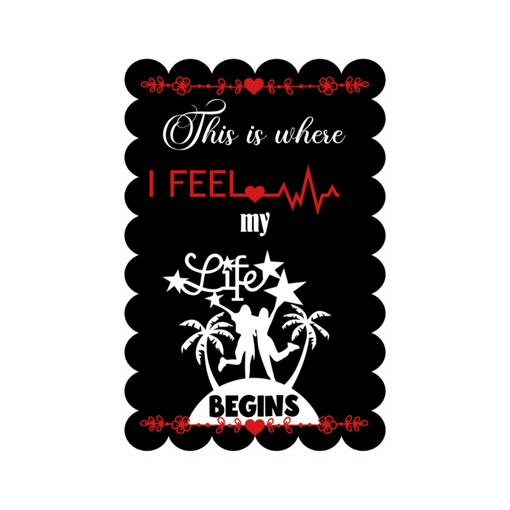 A 2x3 glossy, holographic, black rectangle sticker features the “Begins” quote from book two in a black‑white‑red design.