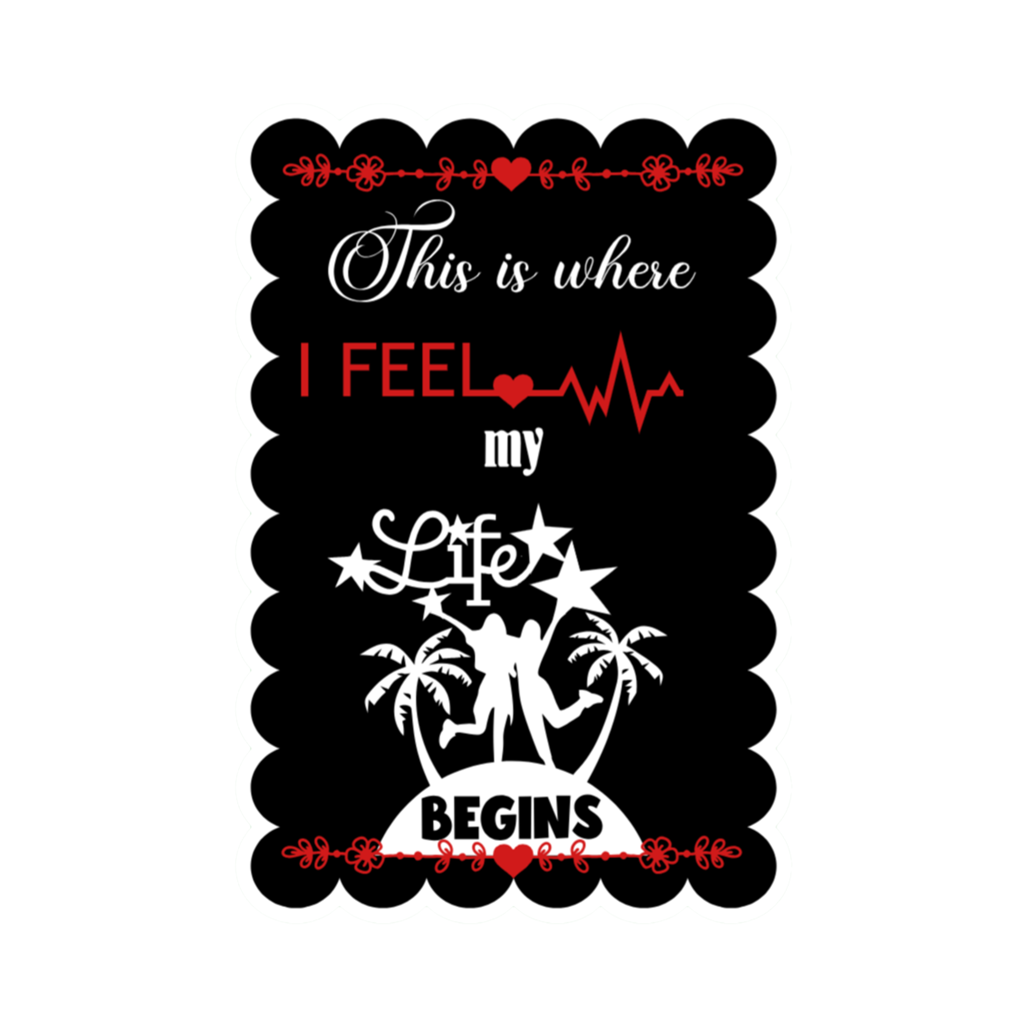 A 2x3 glossy, holographic, black rectangle sticker features the “Begins” quote from book two in a black‑white‑red design.