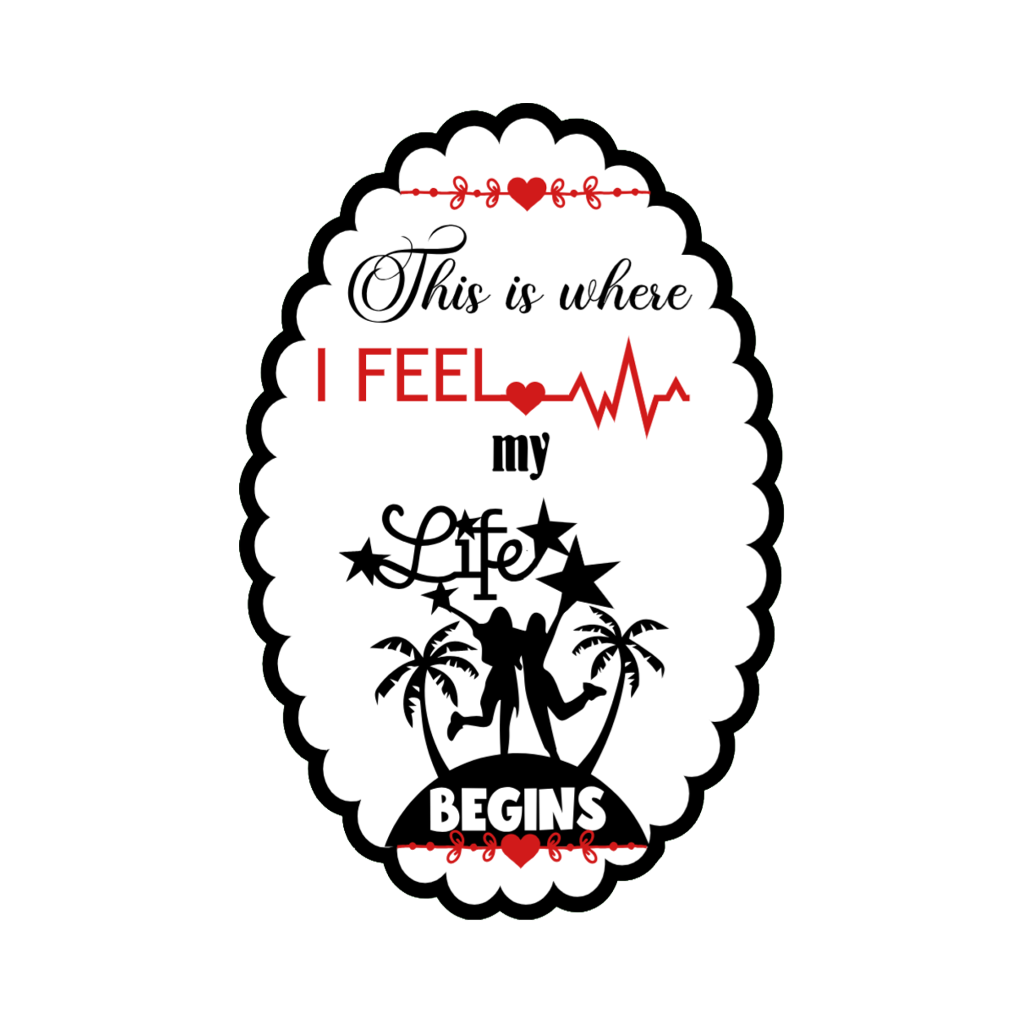 A 2x3 glossy, holographic, white oval sticker features the “Begins” quote from book two in a black‑white‑red design.