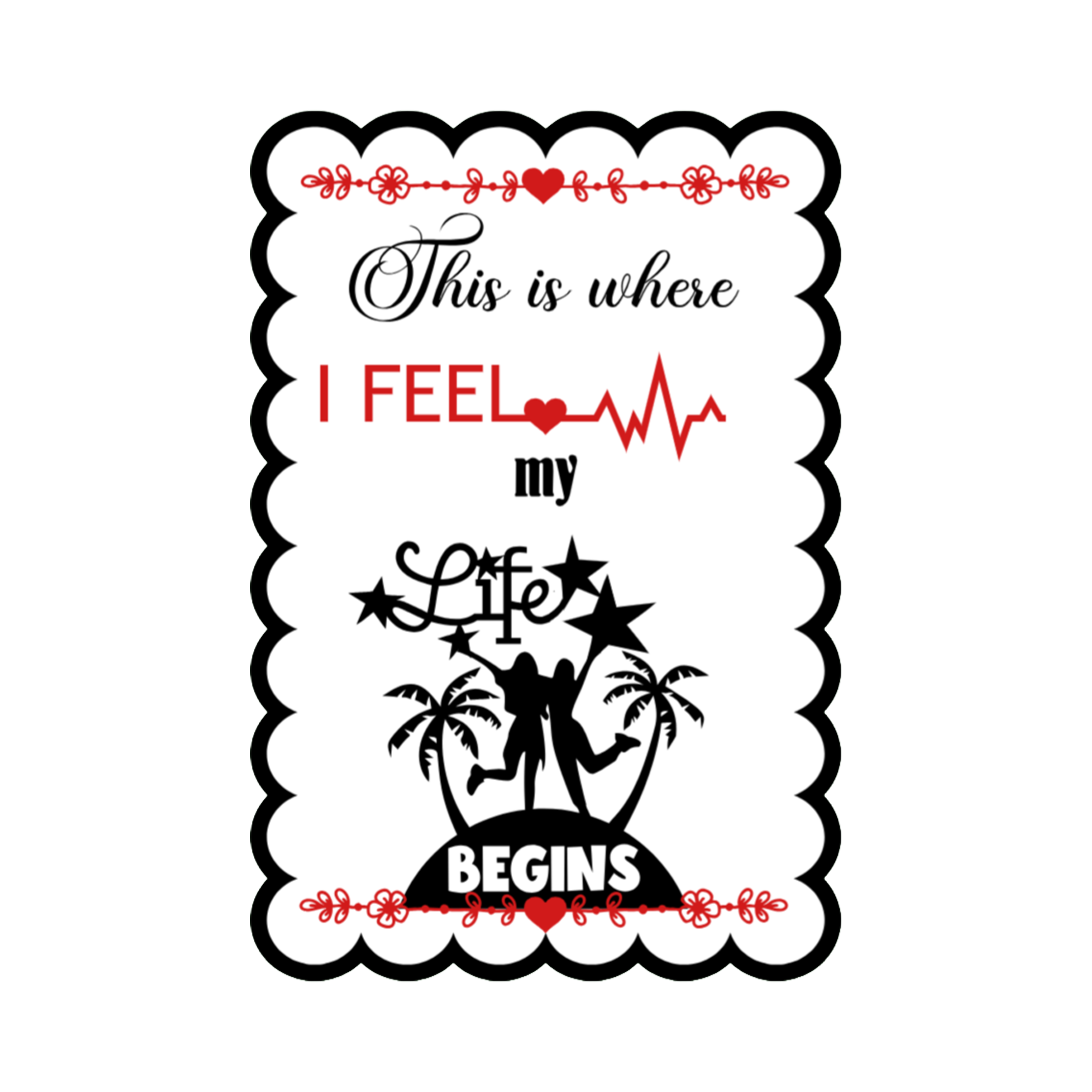A 2x3 glossy, holographic, white rectangle sticker features the “Begins” quote from book two in a black‑white‑red design.