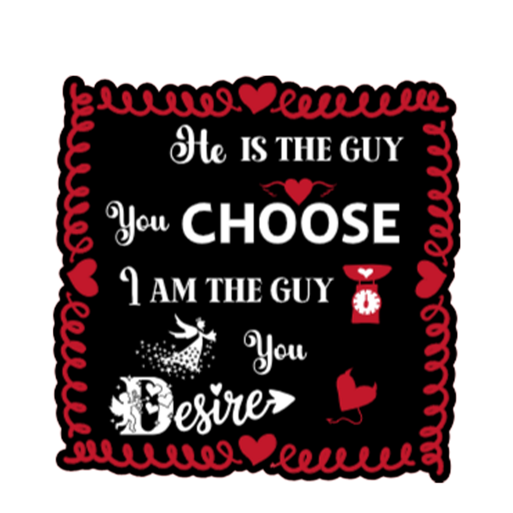 A 3x3 vinyl, glossy, black square sticker features the “Desire” quote from book two in a black‑white‑red design.   