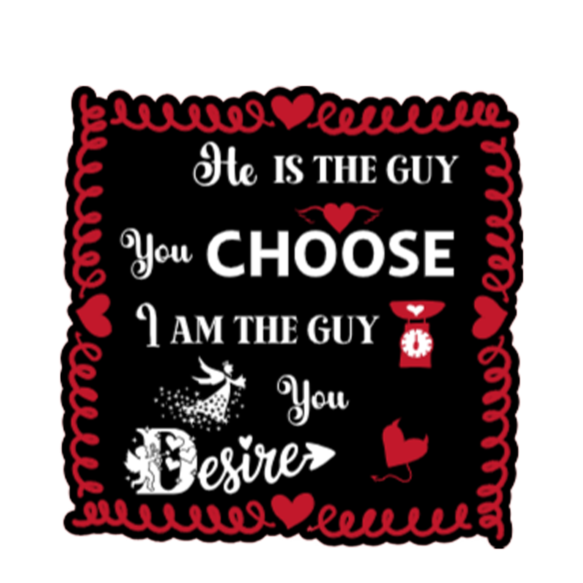 A 3x3 vinyl, glossy, black square sticker features the “Desire” quote from book two in a black‑white‑red design.   