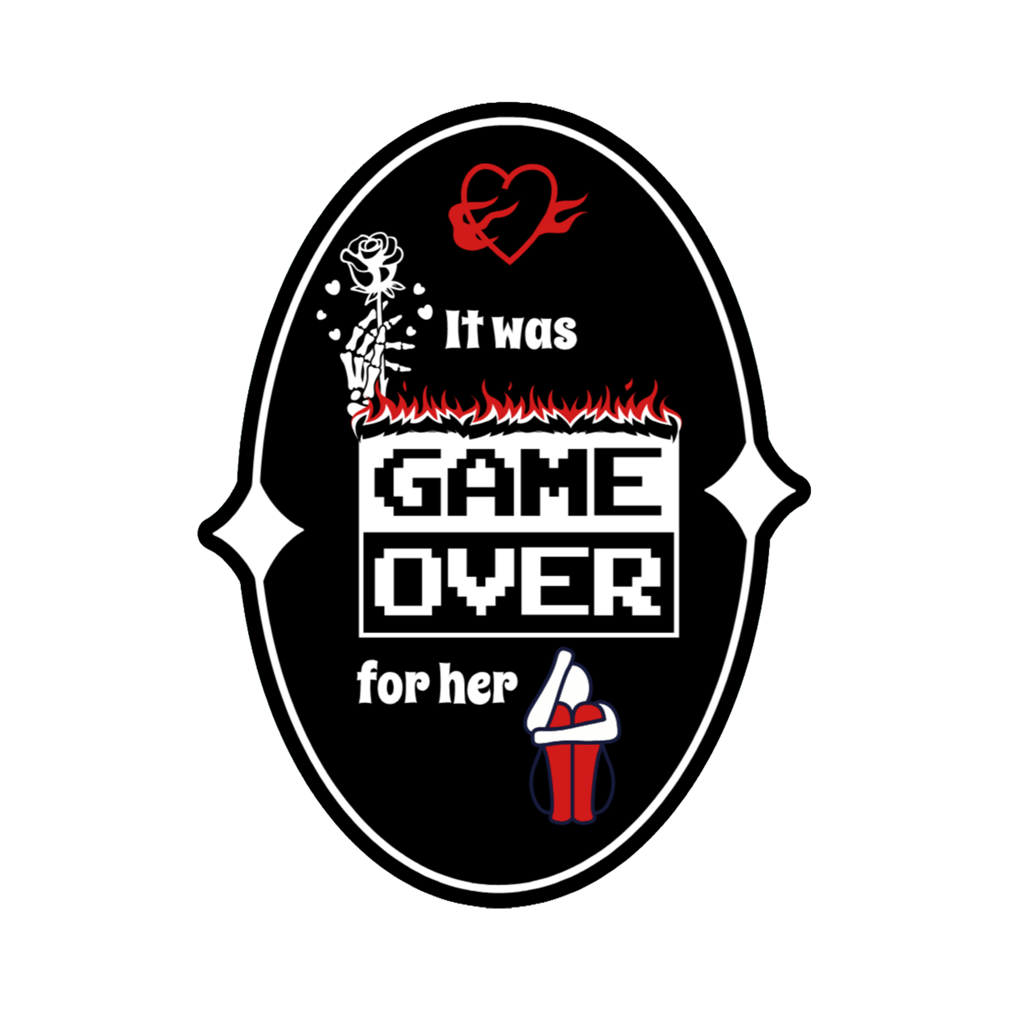 A 2x3 glossy, holographic, black oval sticker features the “Game over” quote from book two in a black‑white‑red design.