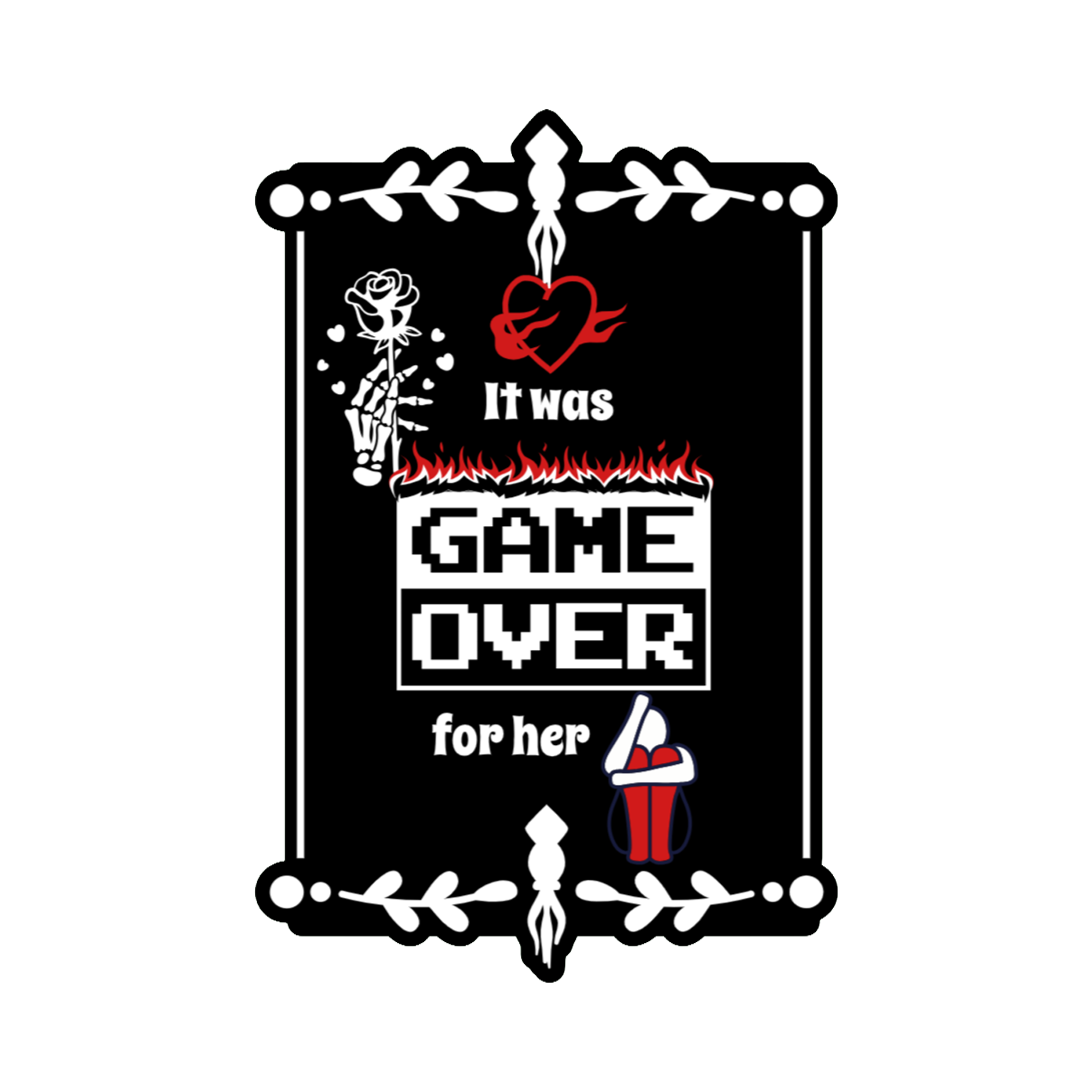 A 2x3 glossy, holographic, black rectangle sticker features the “Game over” quote from book two in a black‑white‑red design.