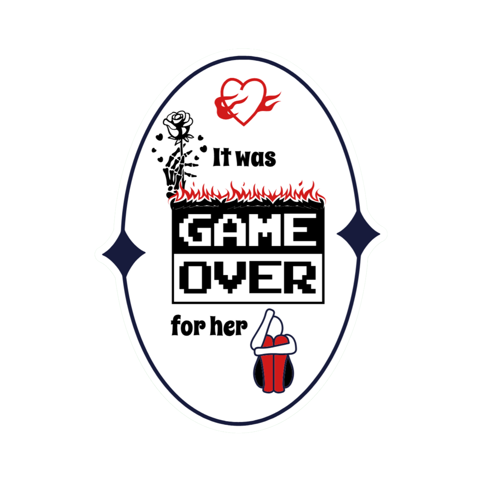 A 2x3 glossy, holographic, white oval sticker features the “Game over” quote from book two in a black‑white‑red design.