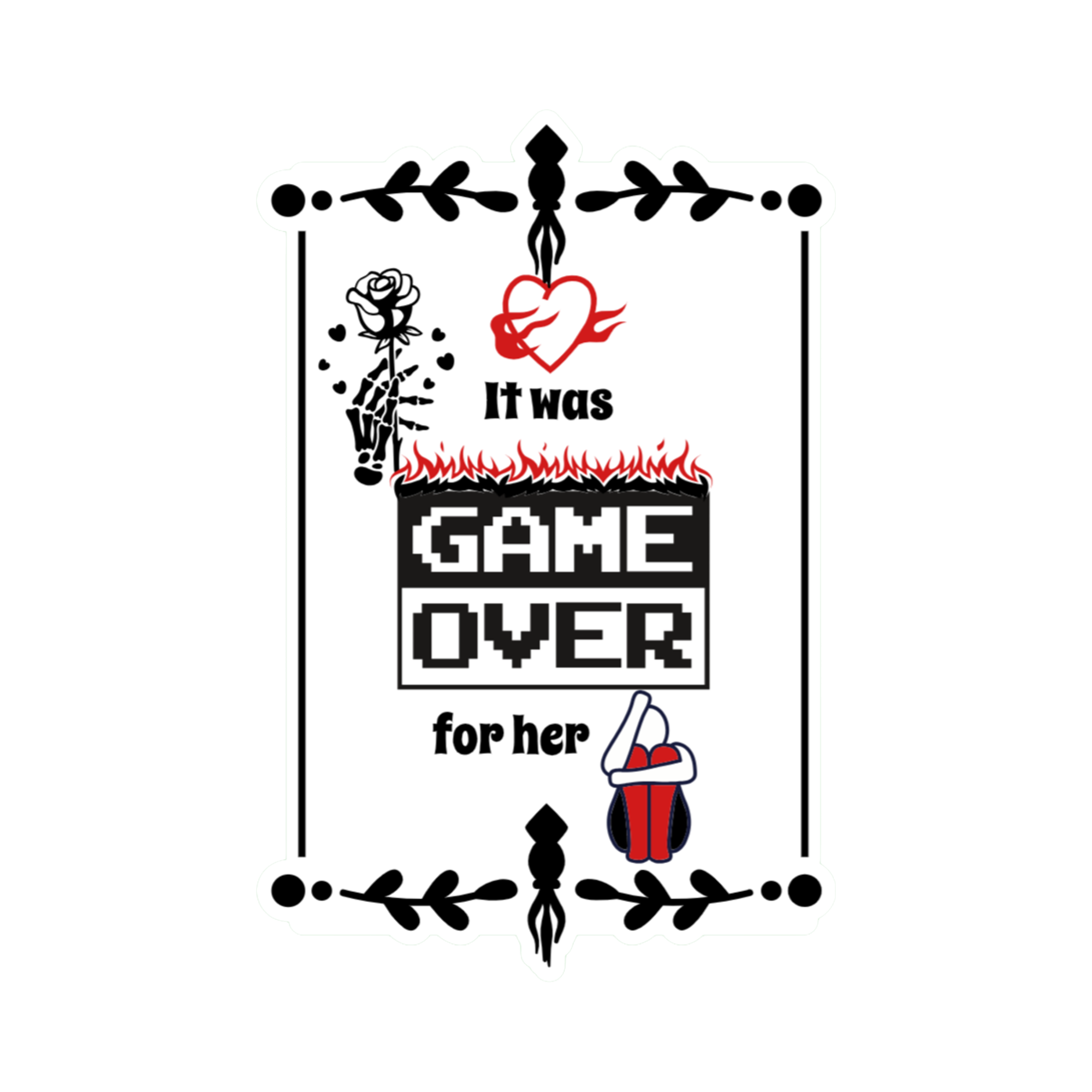 A 2x3 glossy, holographic, white rectangle sticker features the “Game over” quote from book two in a black‑white‑red design.