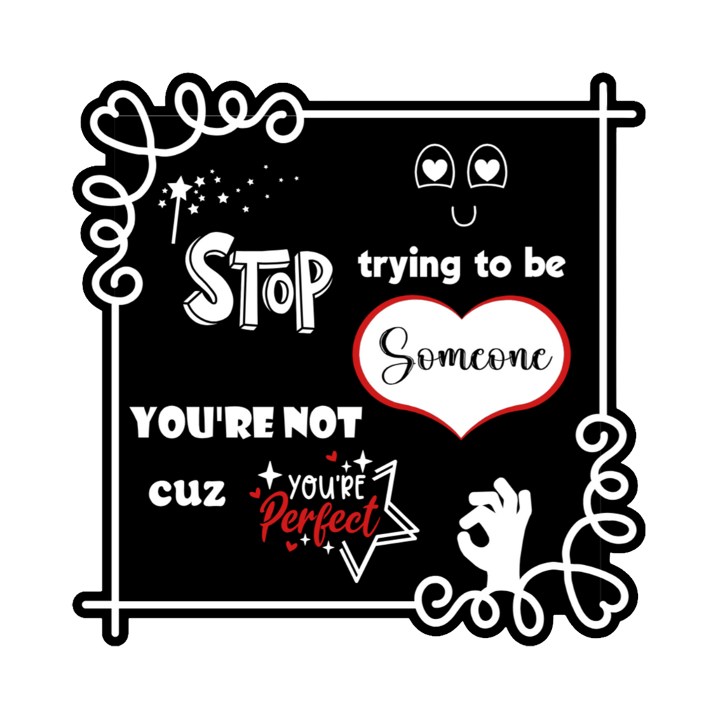 A 3x3 glossy, holographic, black square sticker features the “Perfect” quote from book two in a black‑white‑red design.
