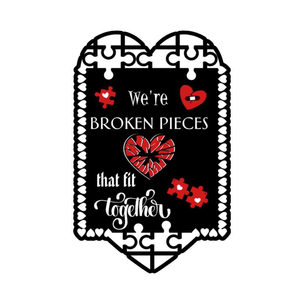 A 2x3 glossy, holographic, black square sticker features the “Pieces” quote from book two in a black‑white‑red design.