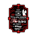 A 2x3 glossy, holographic, black rectangle sticker features the “Silence” quote from book two in a black‑white‑red design.