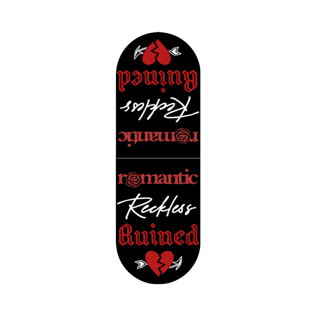 Magnetic bookmark featuring the quote "romantic, reckless, ruined" in black with white text